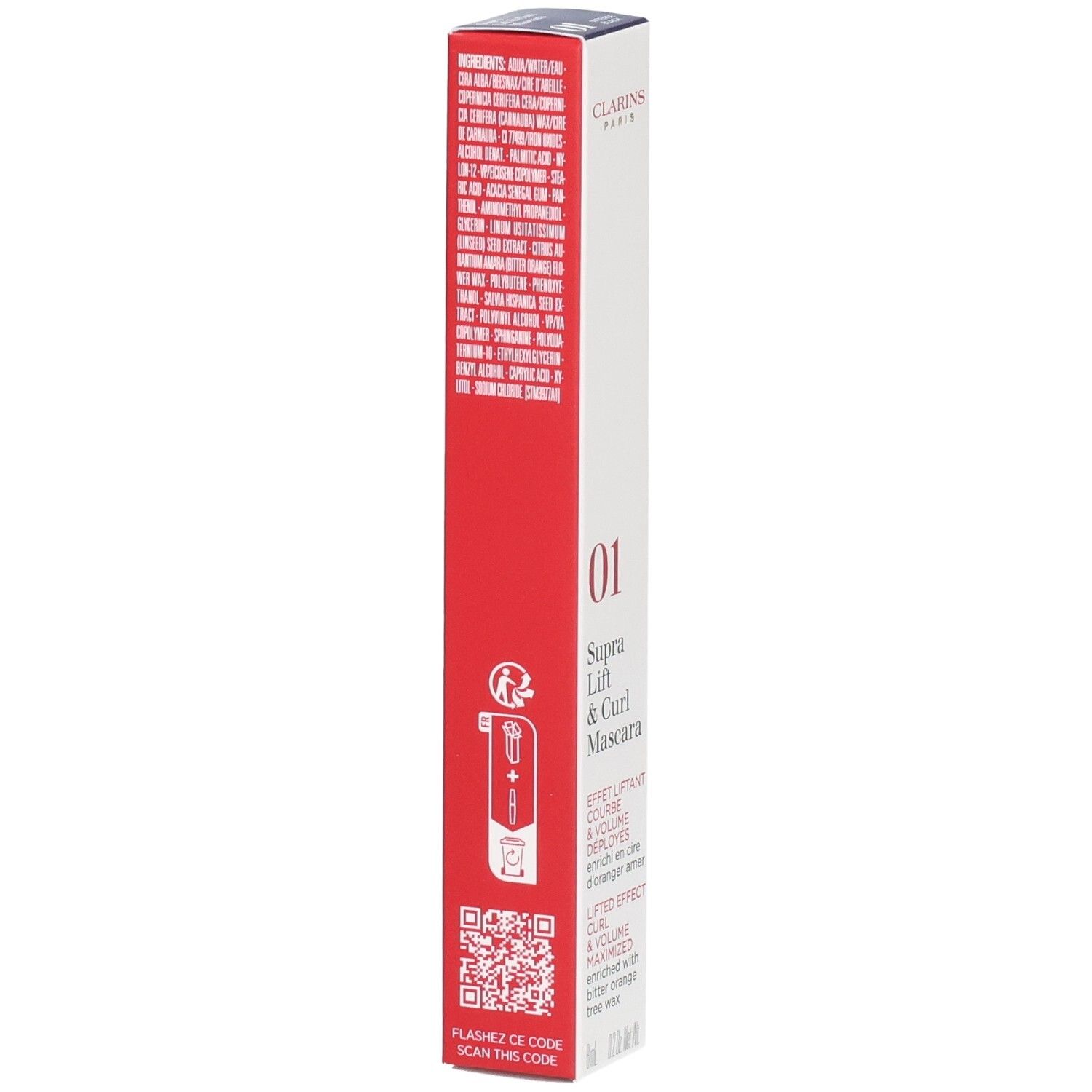 Clarins Supra Lift & Curl Mascara Verpackung, Rückseite mit Inhaltsstoffen, QR-Code und Anwendungshinweisen.