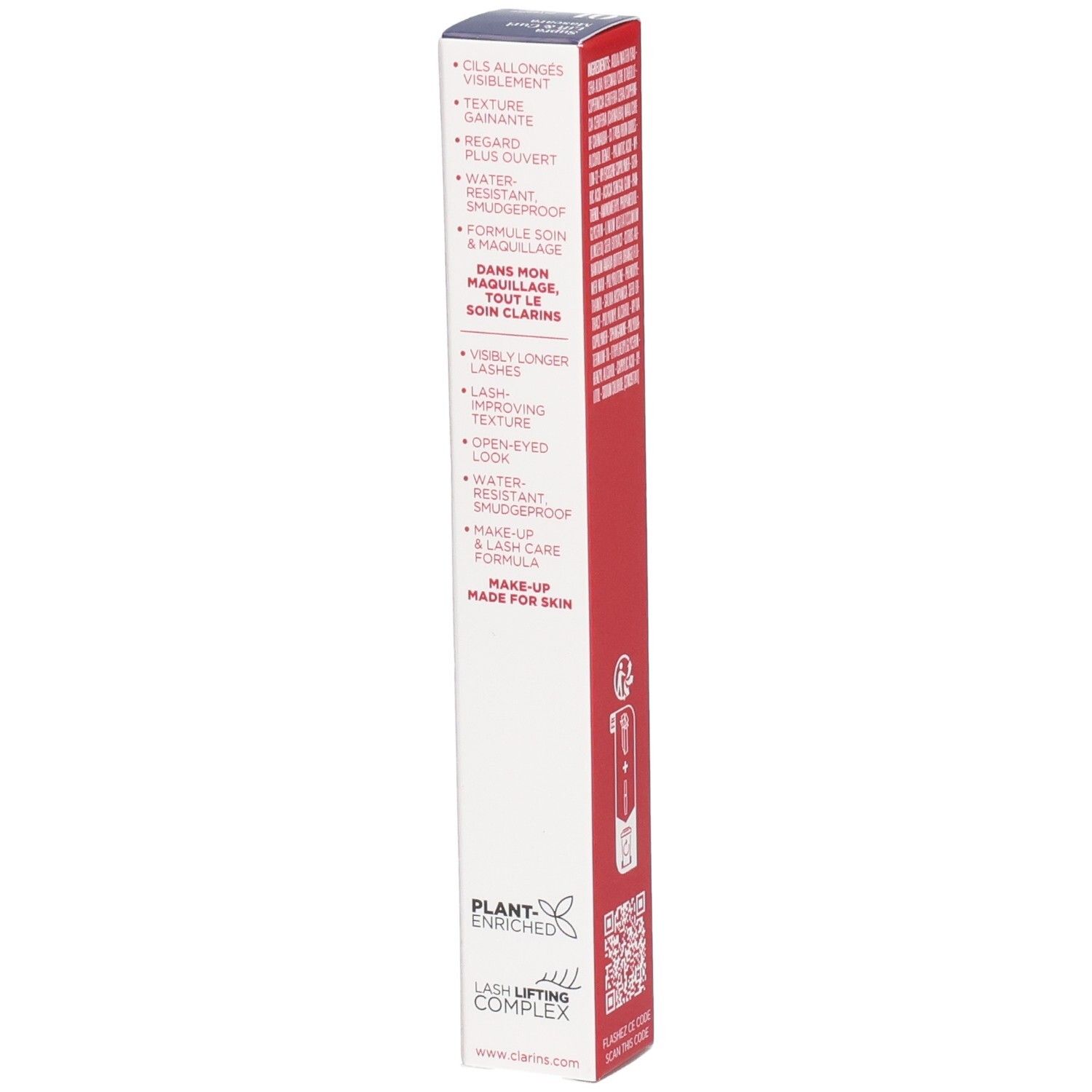 Clarins Supra Lift & Curl Mascara Verpackung, Seite mit Produktvorteilen wie Lash Lifting und wasserfest.