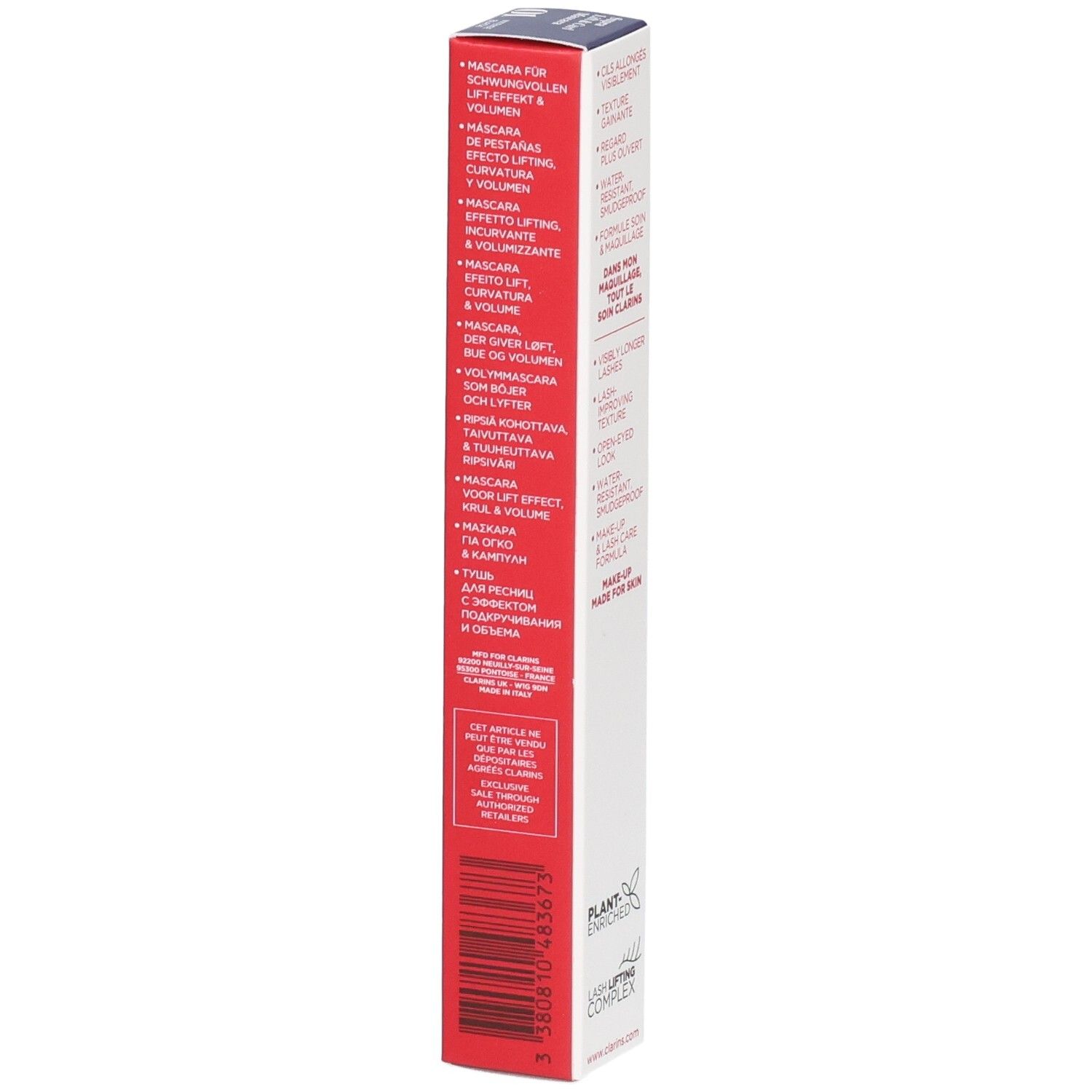 Clarins Supra Lift & Curl Mascara Verpackung, Seite mit mehrsprachigen Produktbeschreibungen und Barcode.