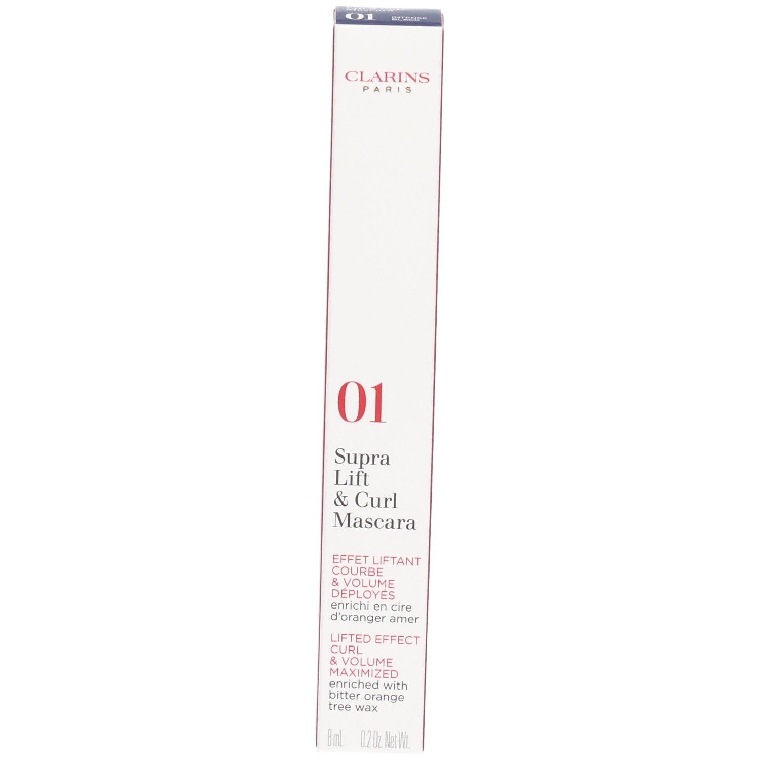 Clarins Supra Lift & Curl Mascara Verpackung, Vorderseite mit Logo, Produktname und Farbnummer 01.