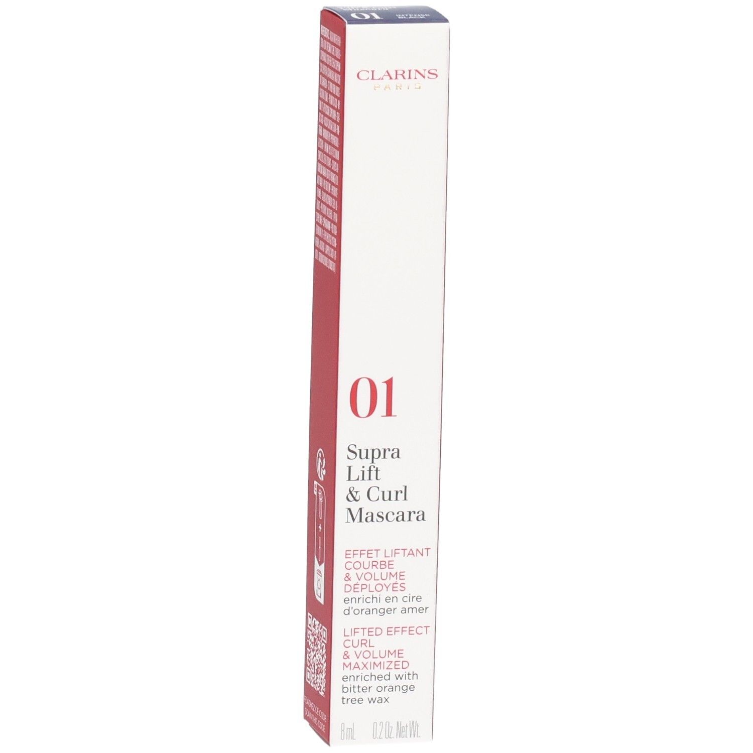 Clarins Supra Lift & Curl Mascara Verpackung, Vorderseite mit Logo, Produktname und Farbnummer 01.