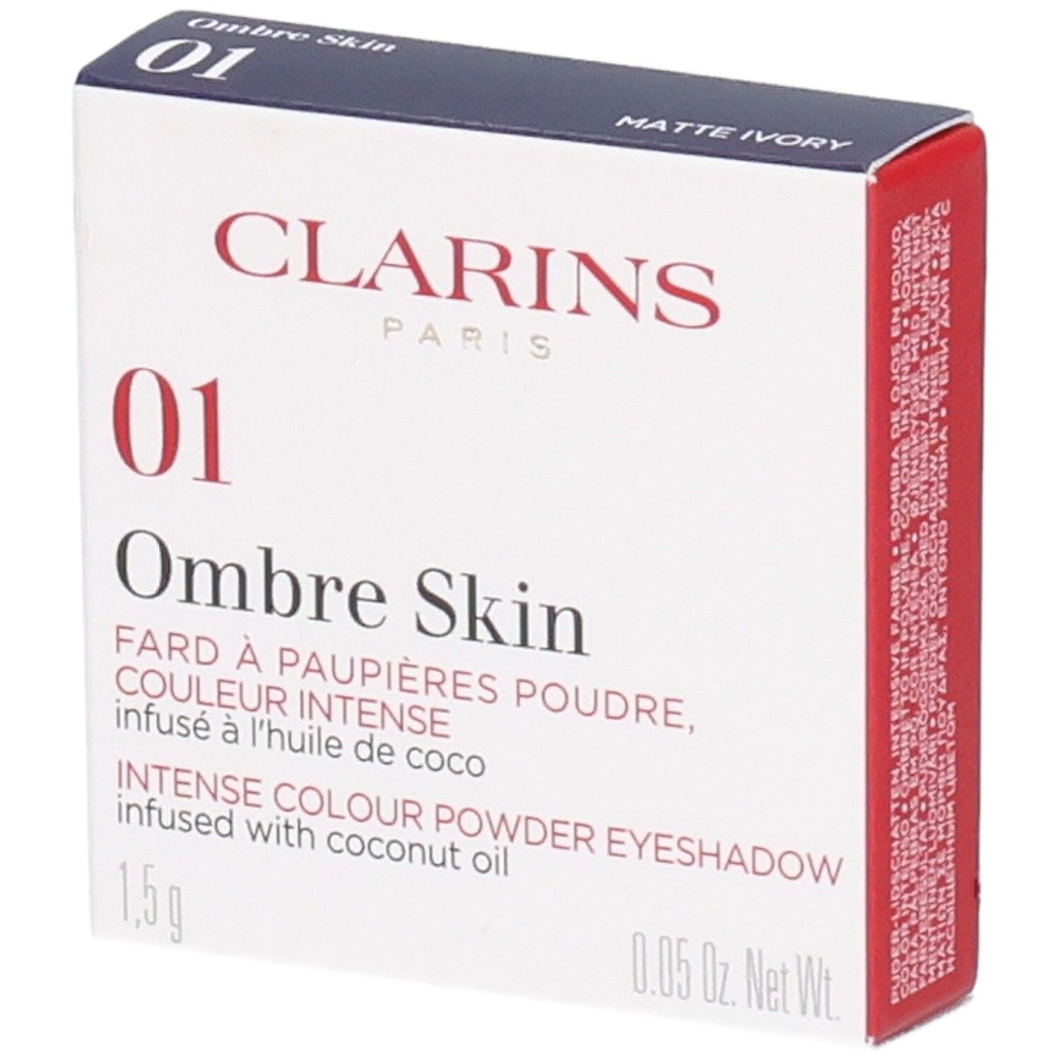 Clarins Ombre Skin 01 Matte Ivory Lidschatten-Verpackung. Enthält 1,5g.