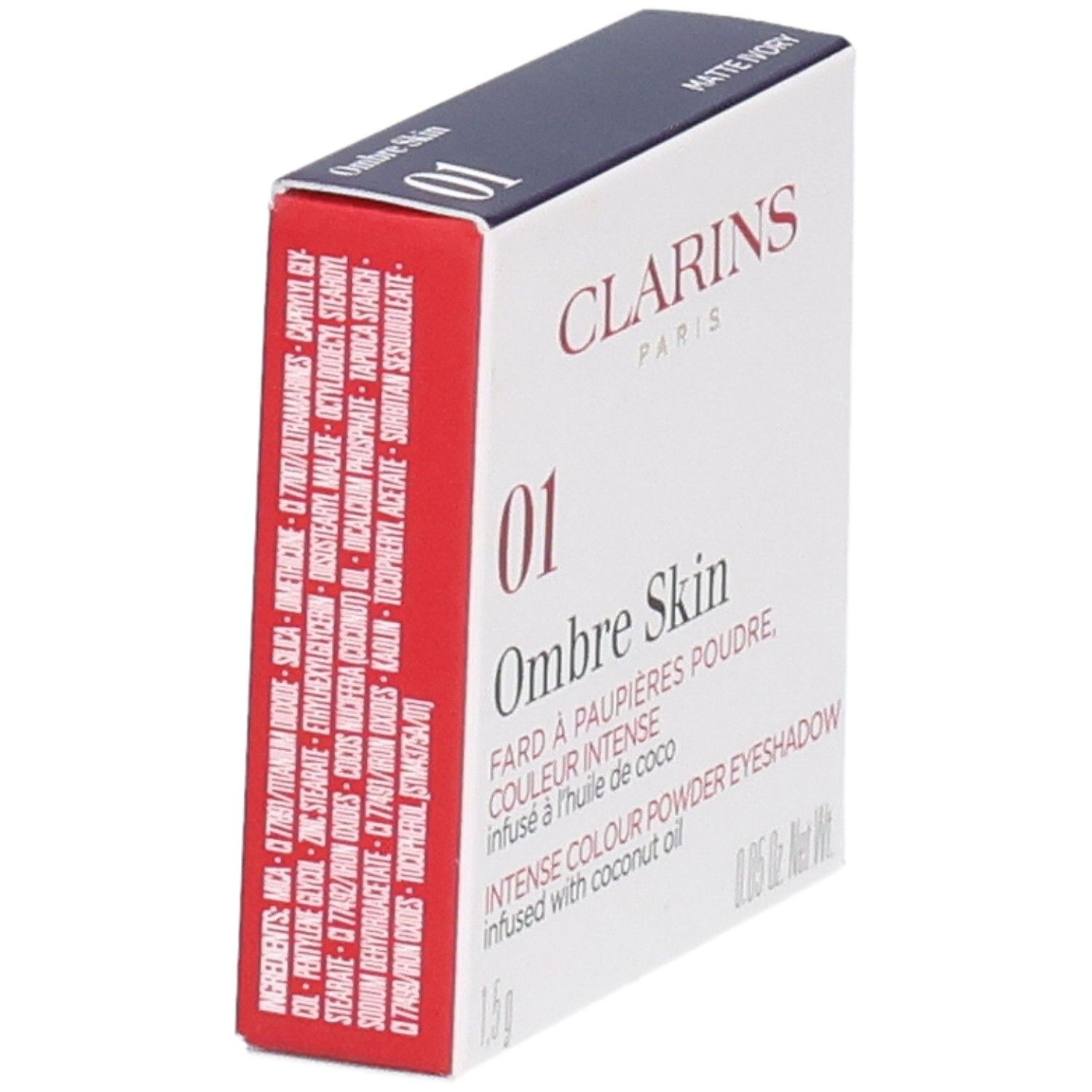 Clarins Ombre Skin 01 Matte Ivory Lidschatten-Verpackung, Rückseite mit Inhaltsstoffen.