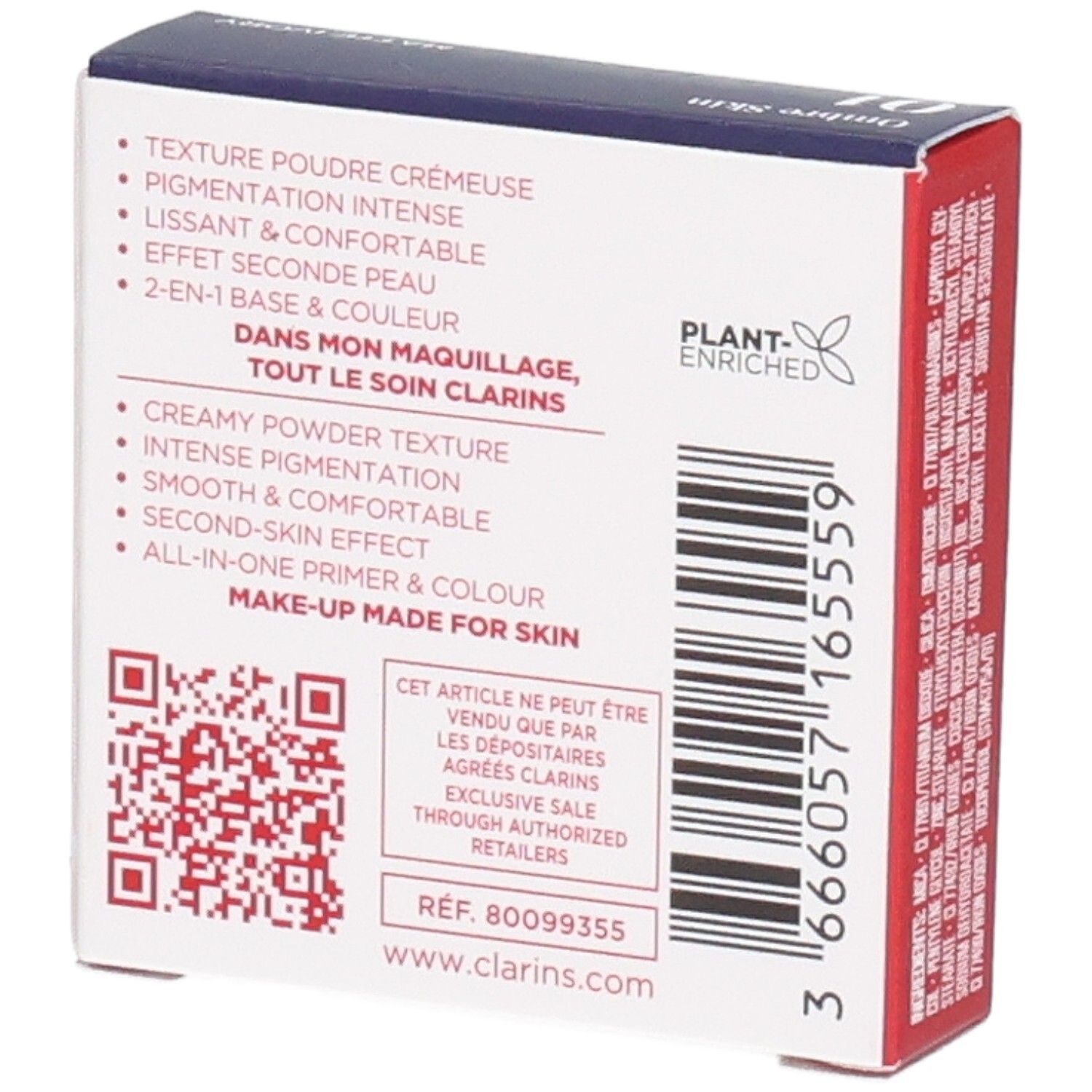 Clarins Ombre Skin 01 Matte Ivory Lidschatten-Verpackung, Rückseite mit Produktmerkmalen.