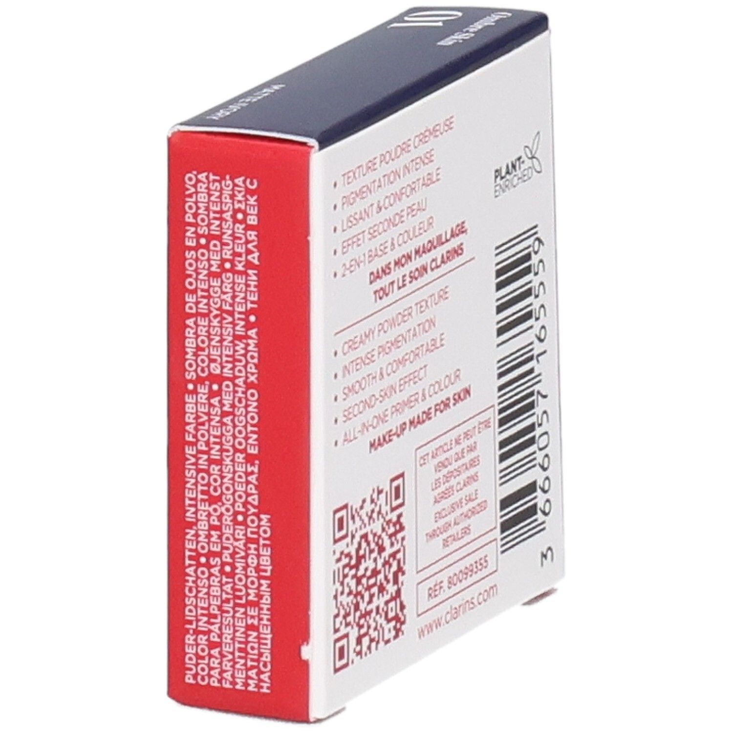 Clarins Ombre Skin 01 Matte Ivory Lidschatten-Verpackung, Seite mit Produktmerkmalen.