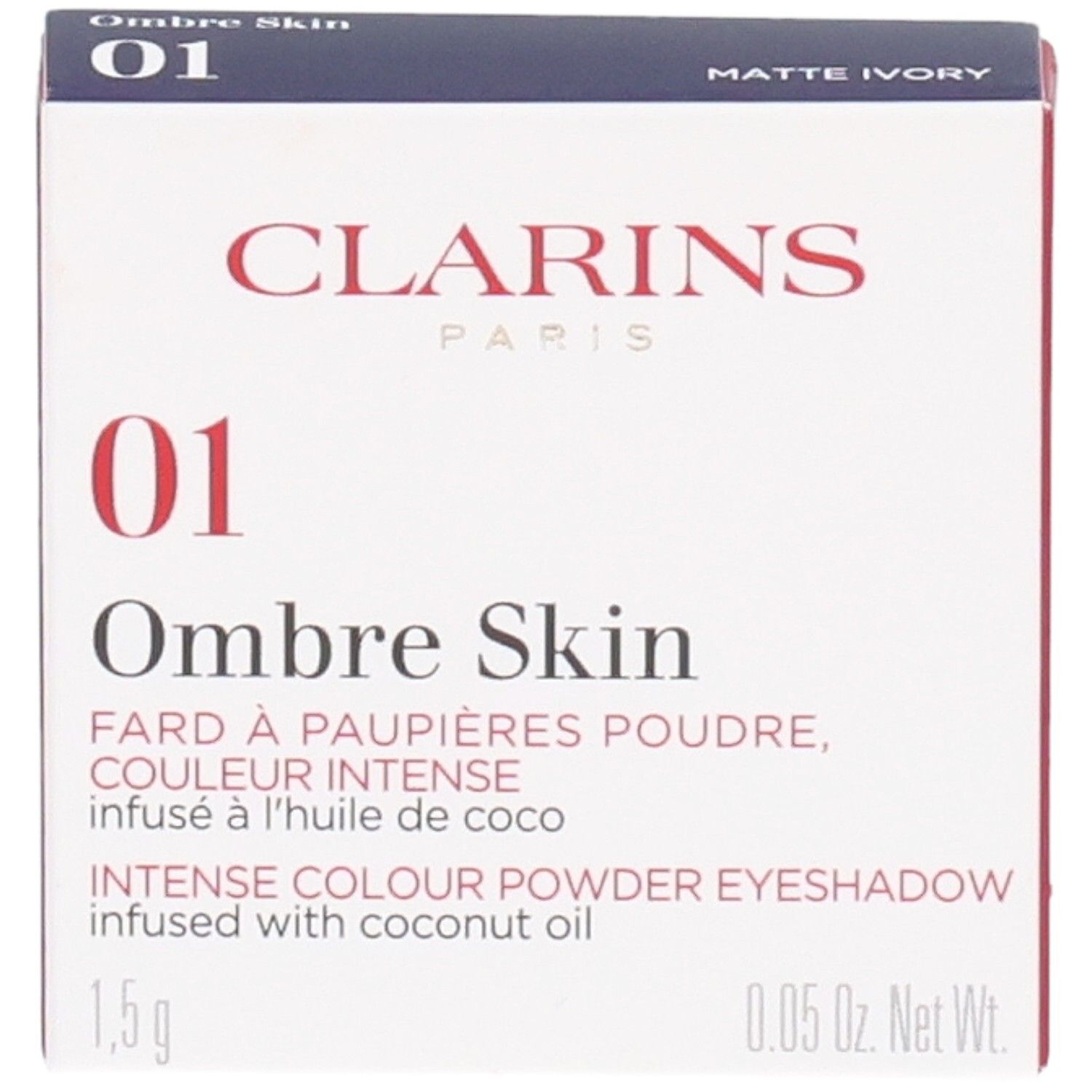Clarins Ombre Skin 01 Matte Ivory Lidschatten-Verpackung. Enthält 1,5g.