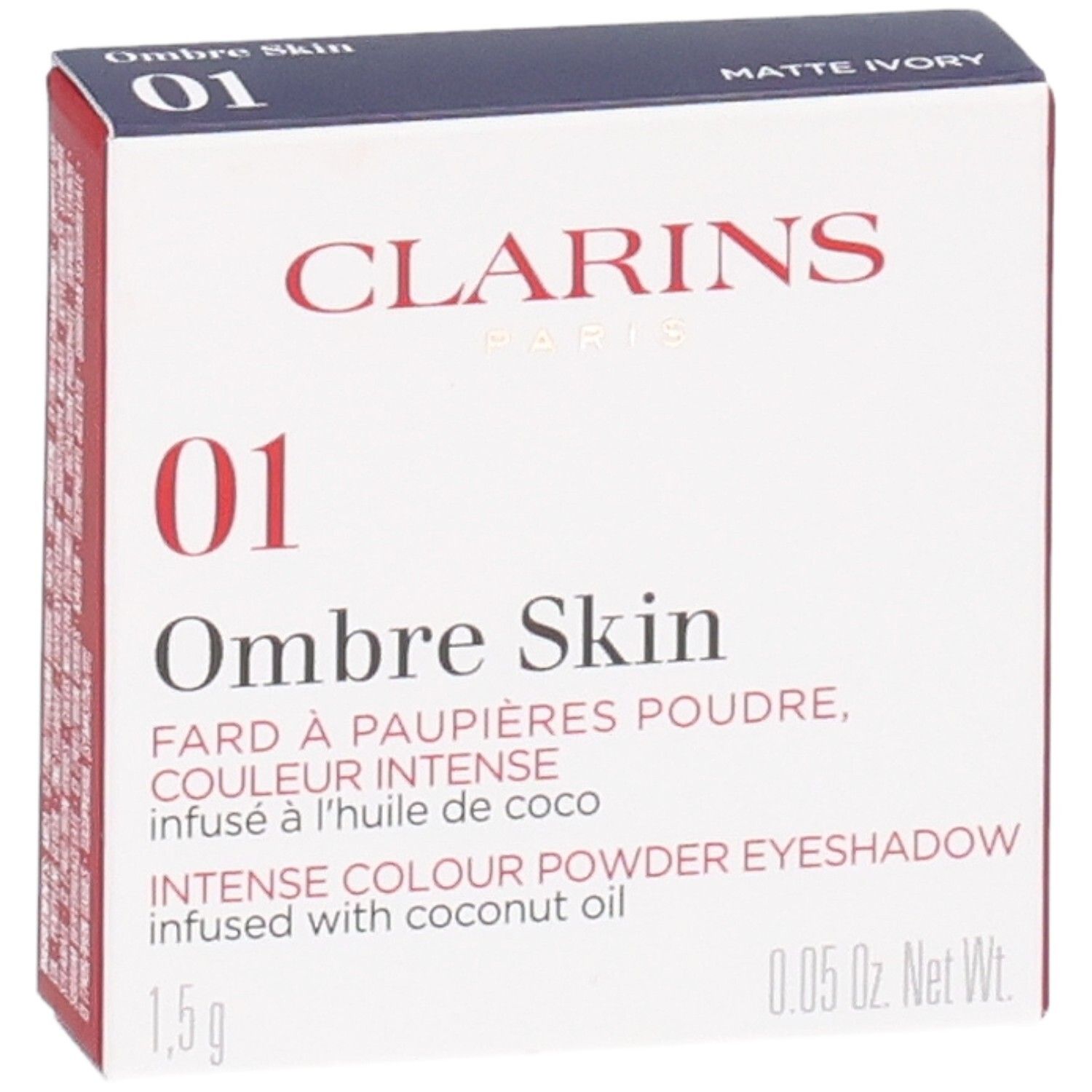 Clarins Ombre Skin 01 Matte Ivory Lidschatten-Verpackung. Enthält 1,5g.