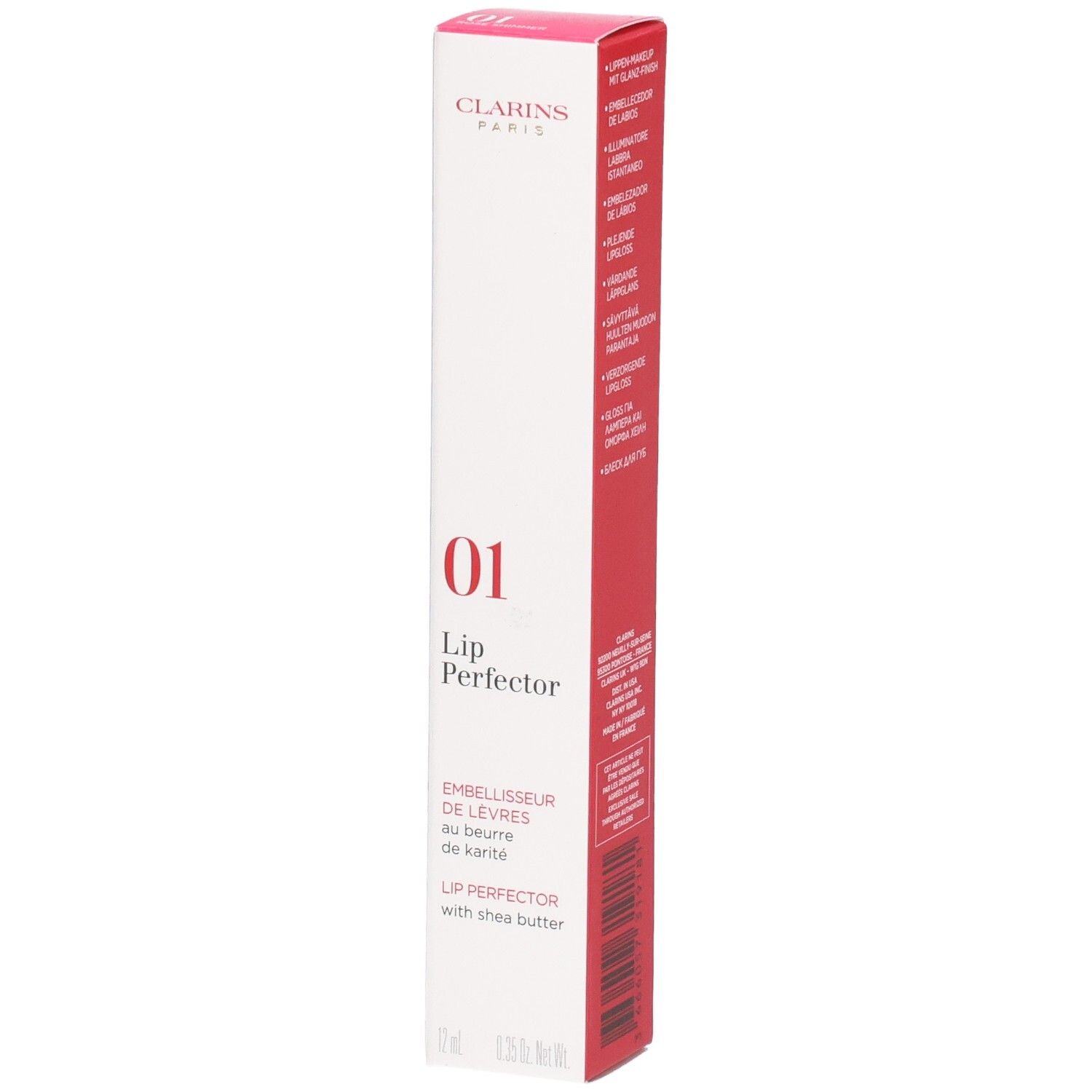 Clarins Lip Perfector 01 in rosa Verpackung mit Produktinformationen.