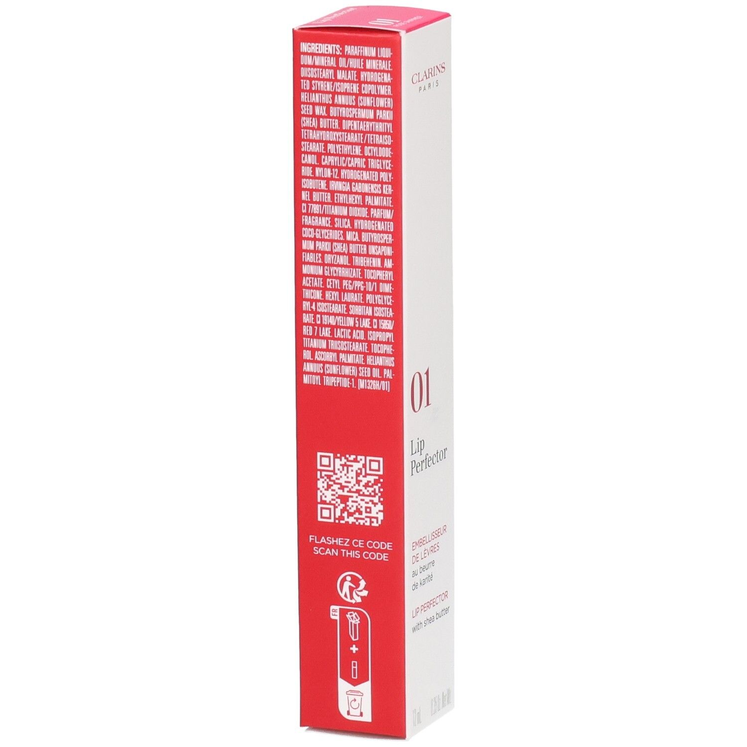 Clarins Lip Perfector 01 Verpackung mit Inhaltsstoffen und QR-Code.