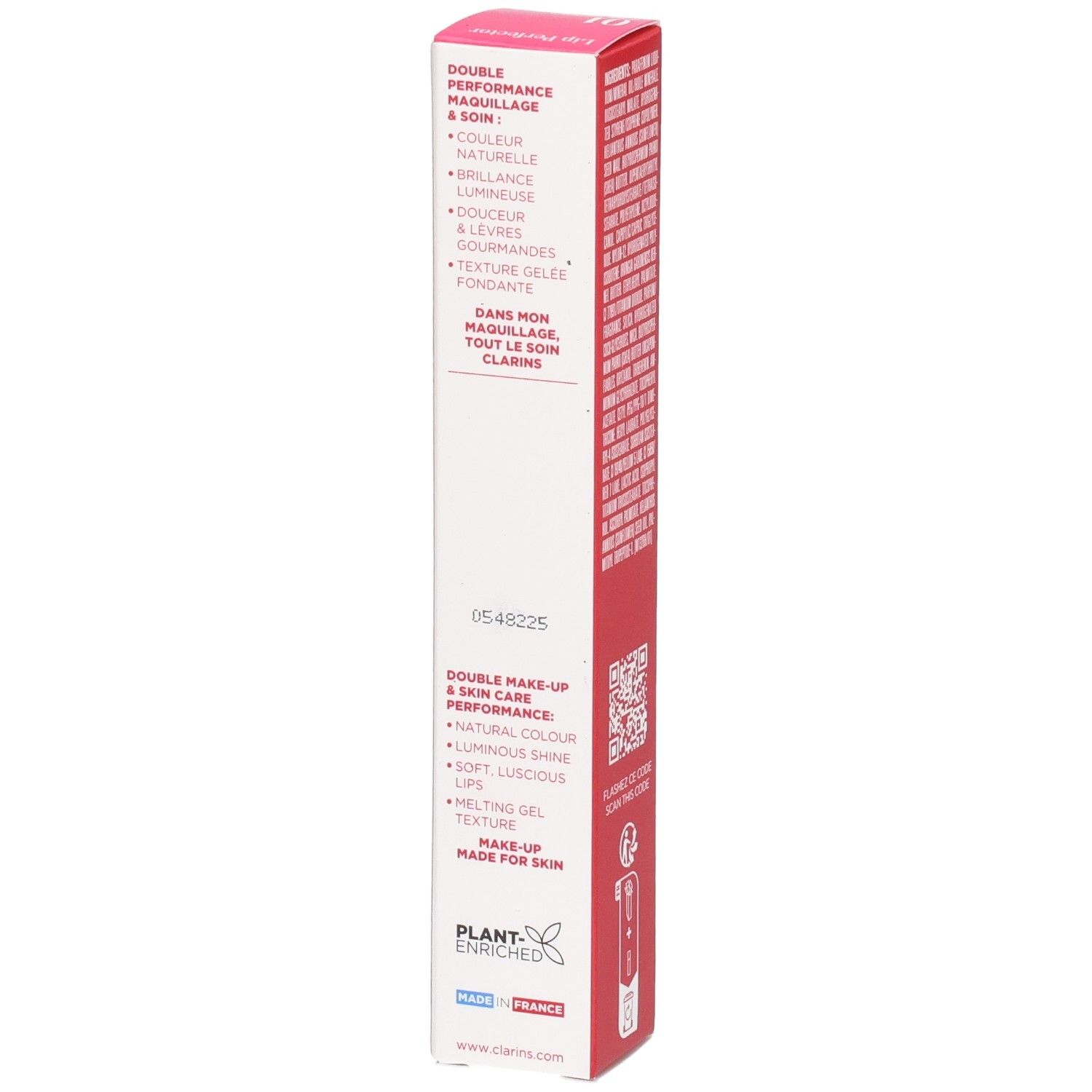 Clarins Lip Perfector 01 Verpackung mit Produktvorteilen und Siegel.