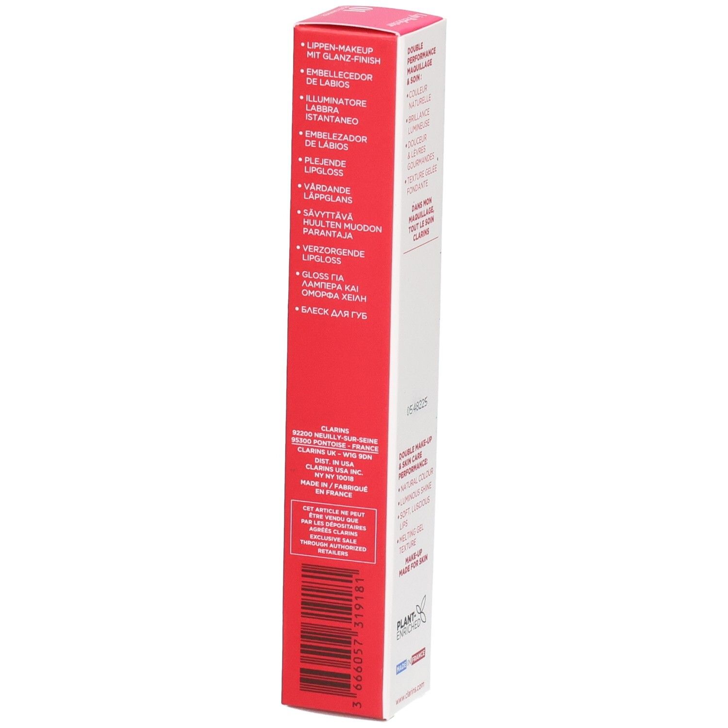 Clarins Lip Perfector 01 Verpackung mit mehrsprachigen Produktbeschreibungen.