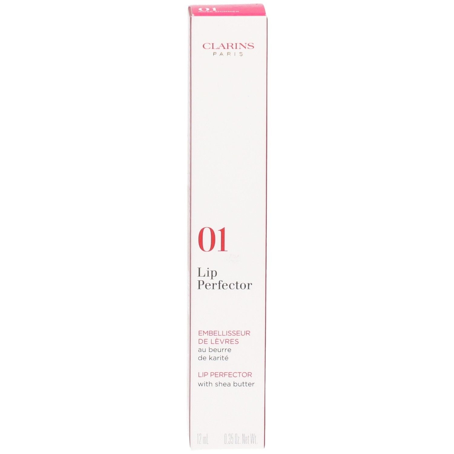 Clarins Lip Perfector 01 in rosa Verpackung mit Produktinformationen.