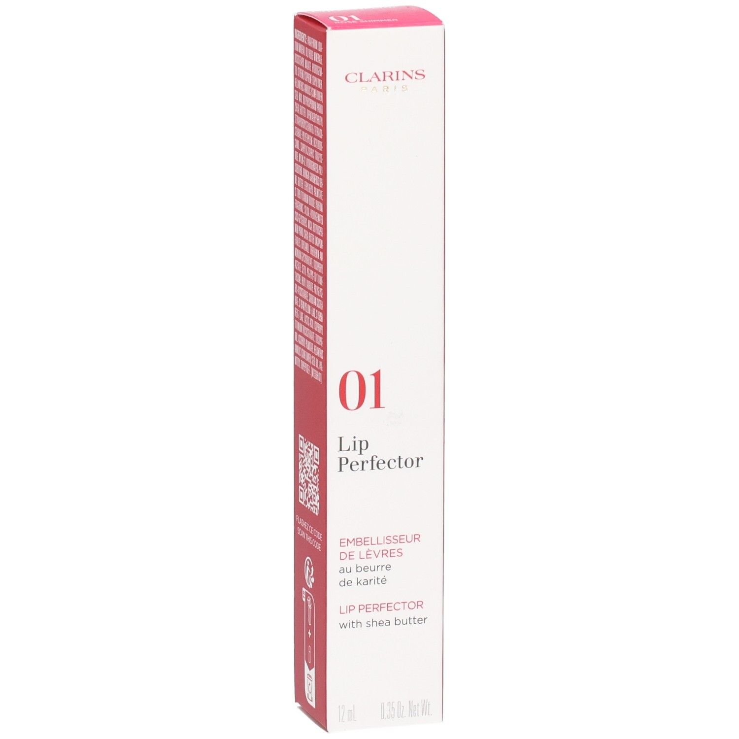 Clarins Lip Perfector 01 Verpackung mit Inhaltsstoffen und QR-Code.