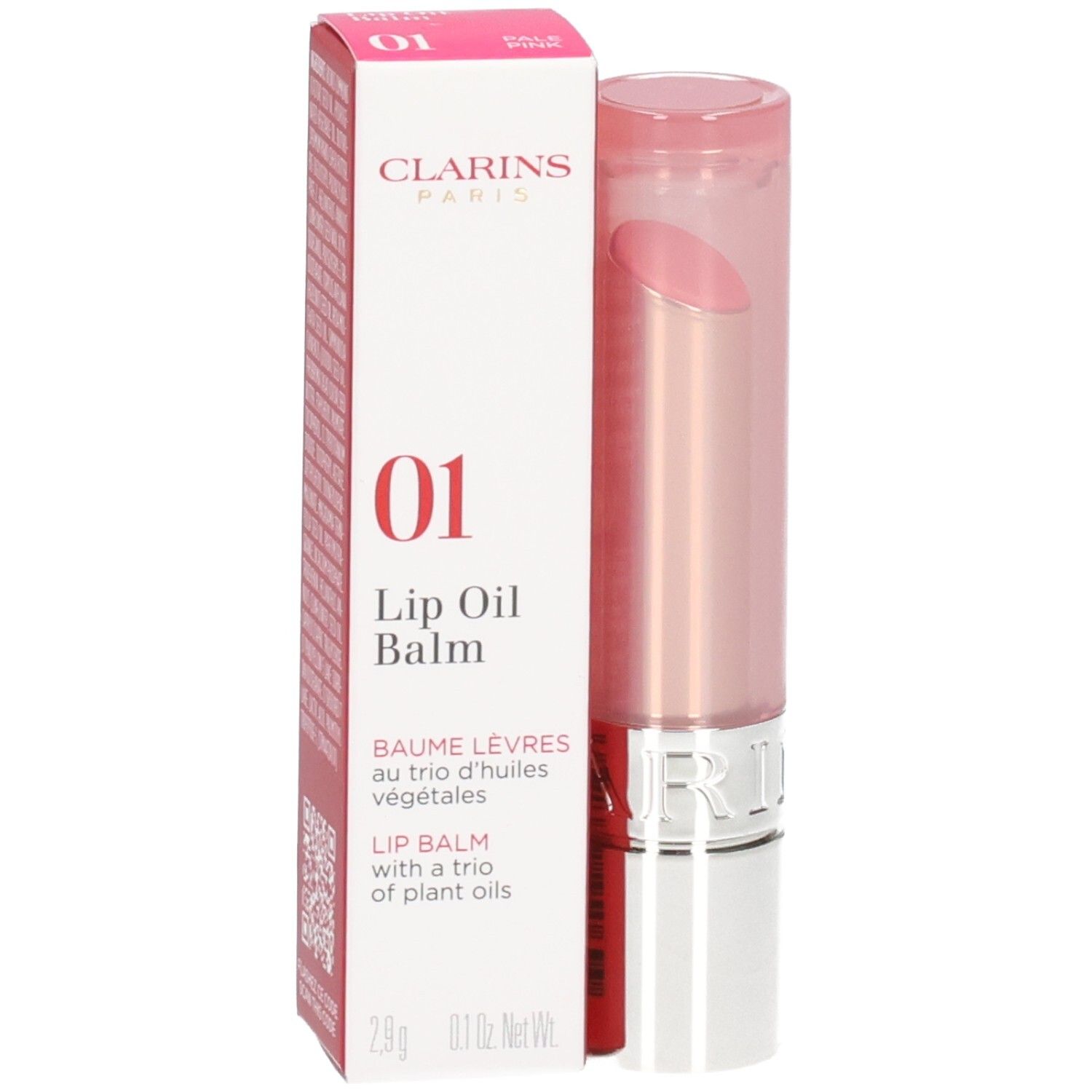 Clarins Lip Oil Balm 01 in rosa Verpackung, Lippenstift herausgedreht.