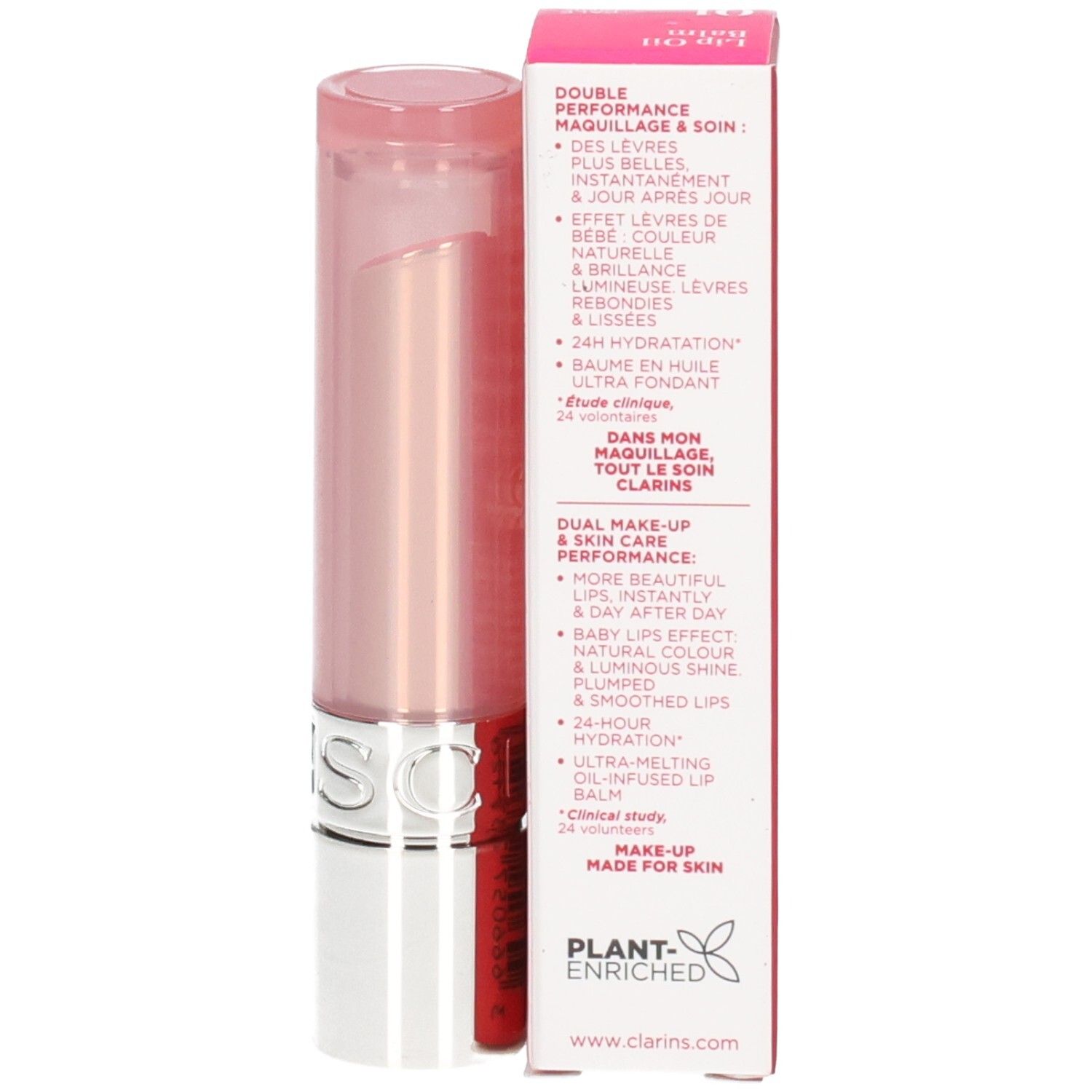 Clarins Lip Oil Balm 01, Lippenstift und Verpackung, Text auf Deutsch und Englisch.