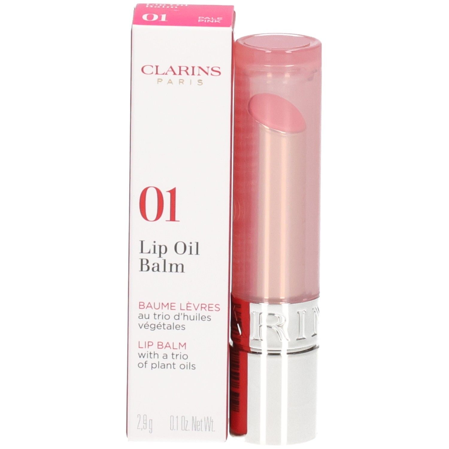 Clarins Lip Oil Balm 01 in rosa Verpackung, Lippenstift herausgedreht.