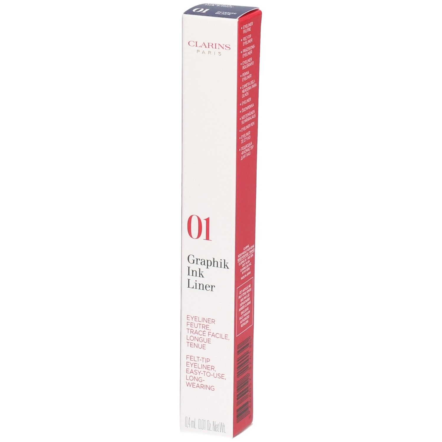 Clarins Graphik Ink Liner Nr. 01 in schwarzer Verpackung mit roten Akzenten.