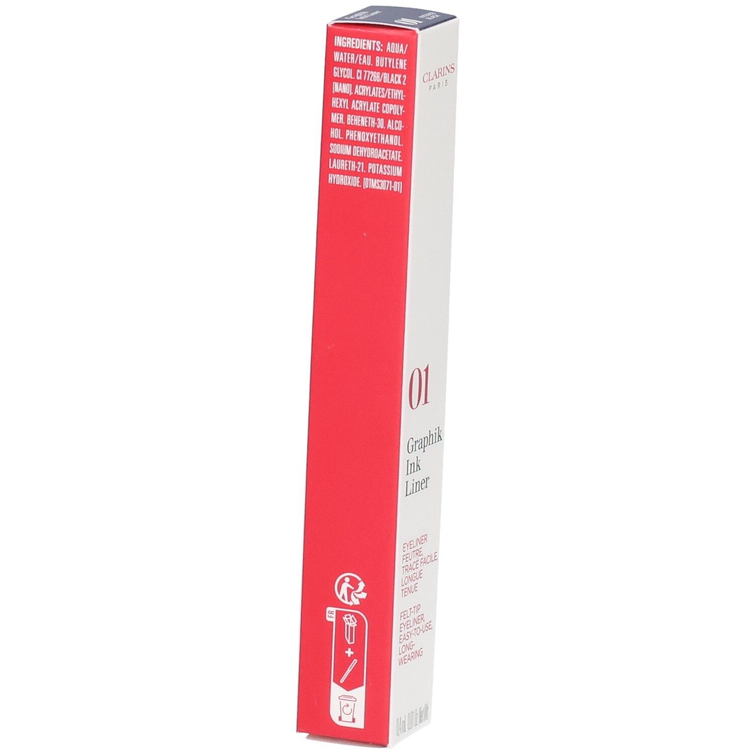Clarins Graphik Ink Liner Nr. 01 Verpackung mit Inhaltsstoffangaben und QR-Code.
