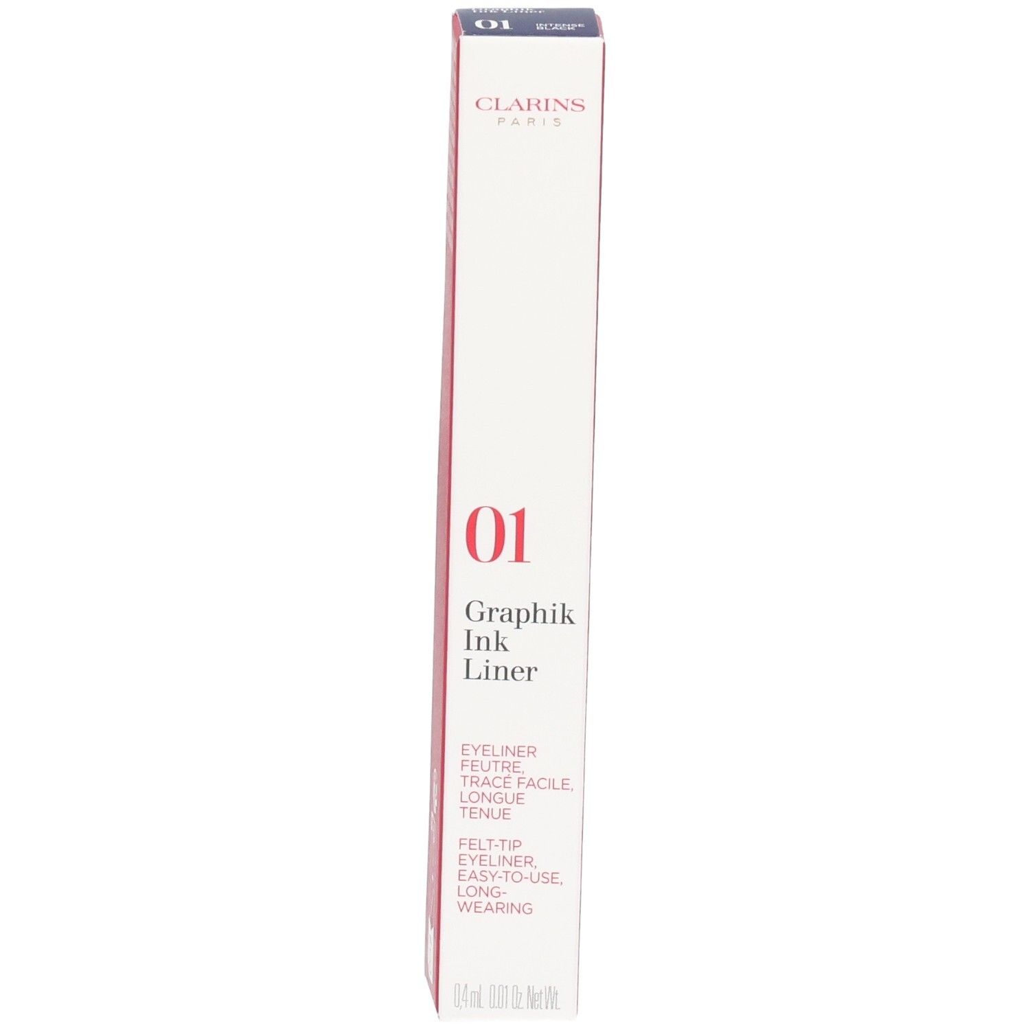 Clarins Graphik Ink Liner Nr. 01 in schwarzer Verpackung mit roten Akzenten und Produktnamen.