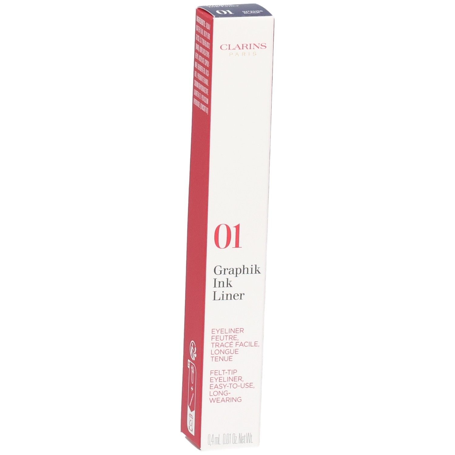 Clarins Graphik Ink Liner Nr. 01 Verpackung mit Produktinformationen und QR-Code.