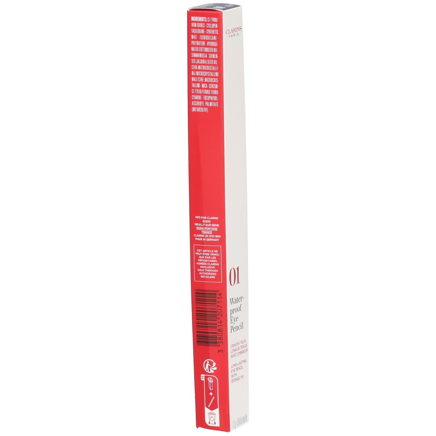 Emballage du CLARINS CRAYON YEUX WP 01 NOIR, avec ingrédients et code-barres.