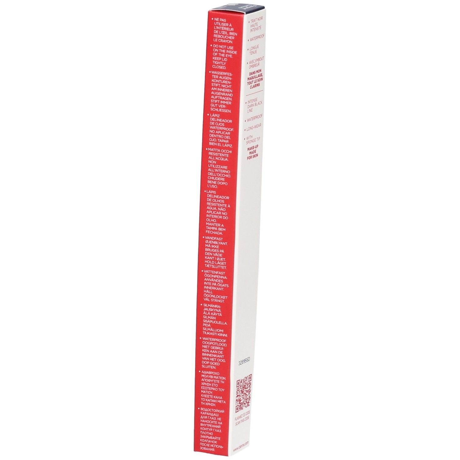 Emballage du CLARINS CRAYON YEUX WP 01 NOIR, avec instructions d'utilisation.