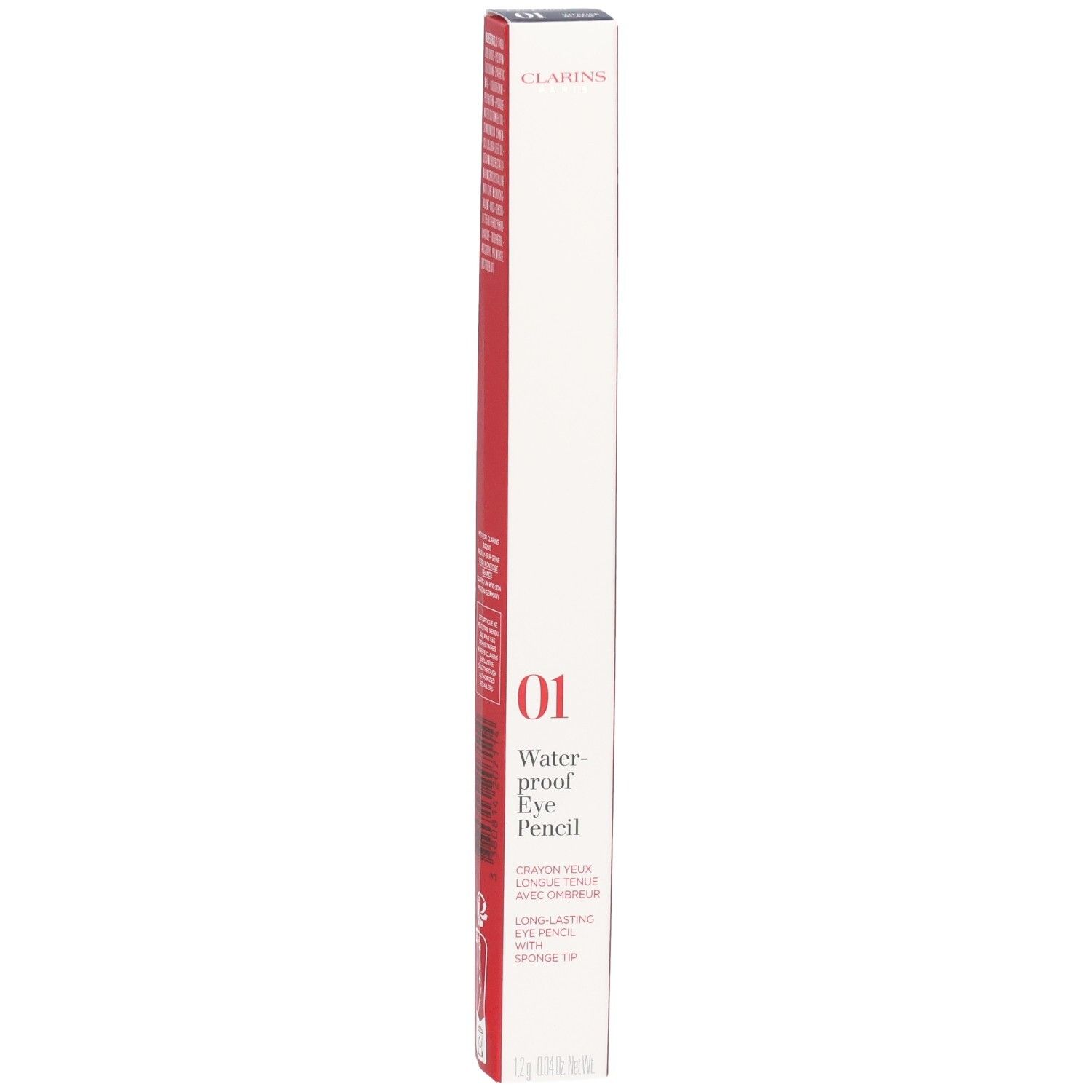 Emballage du CLARINS CRAYON YEUX WP 01 NOIR, avec caractéristiques du produit.
