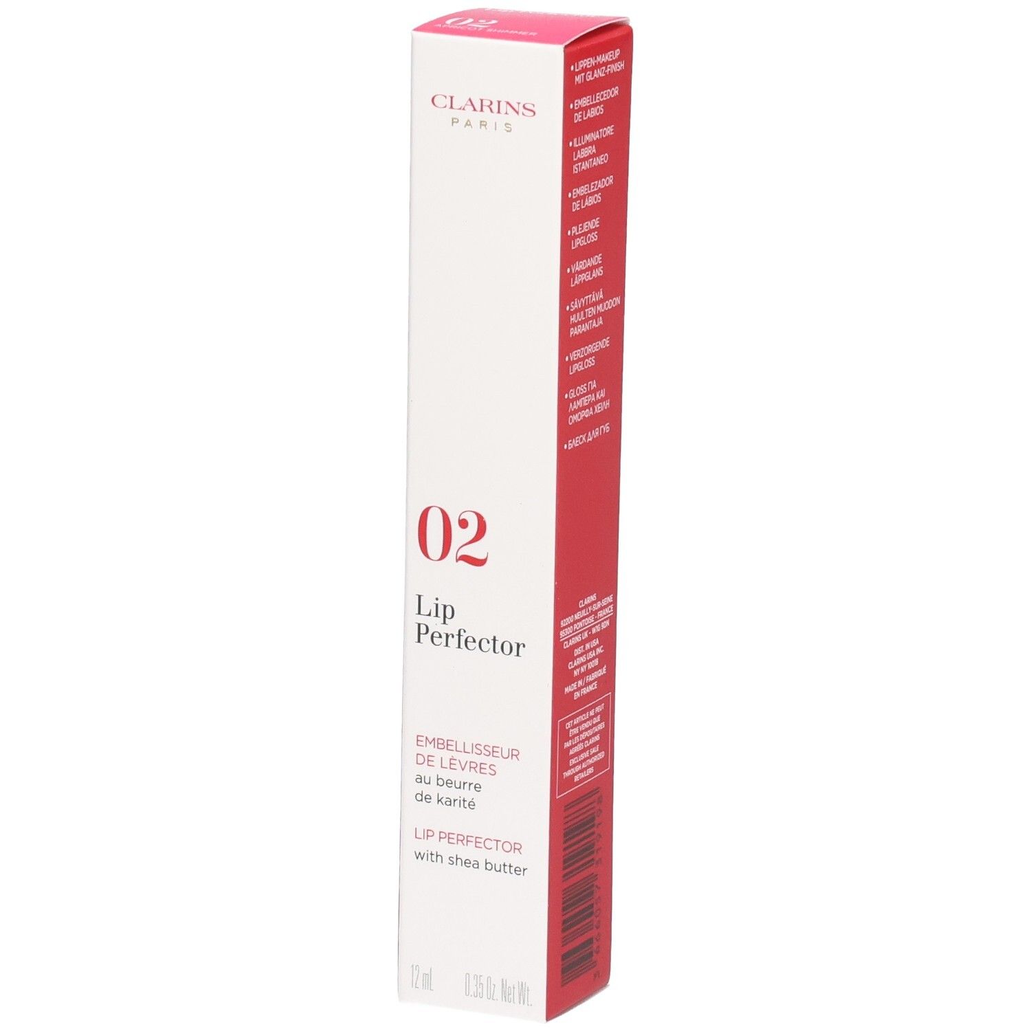 Clarins Lip Perfector 02 in Faltschachtel, mit Sheabutter.