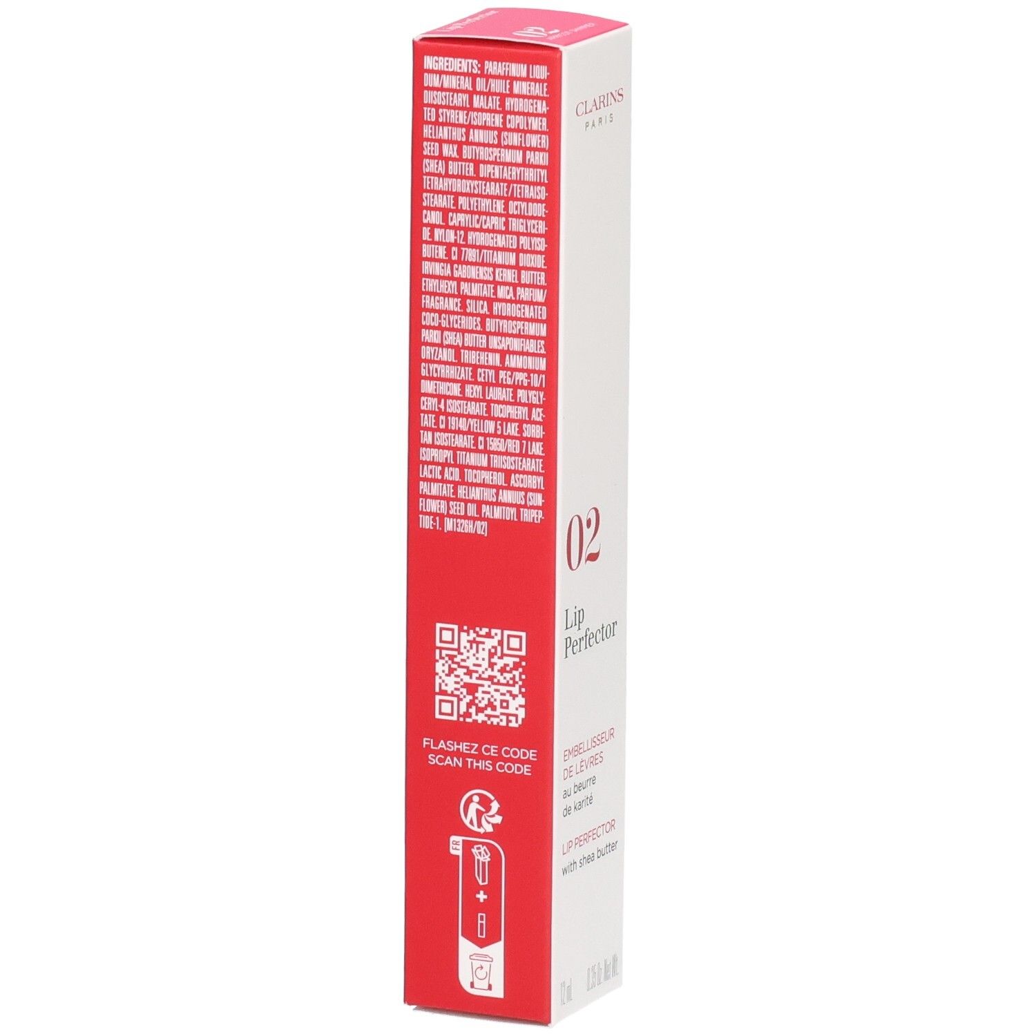 Clarins Lip Perfector 02 Faltschachtel, Rückseite mit Inhaltsstoffen und QR-Code.