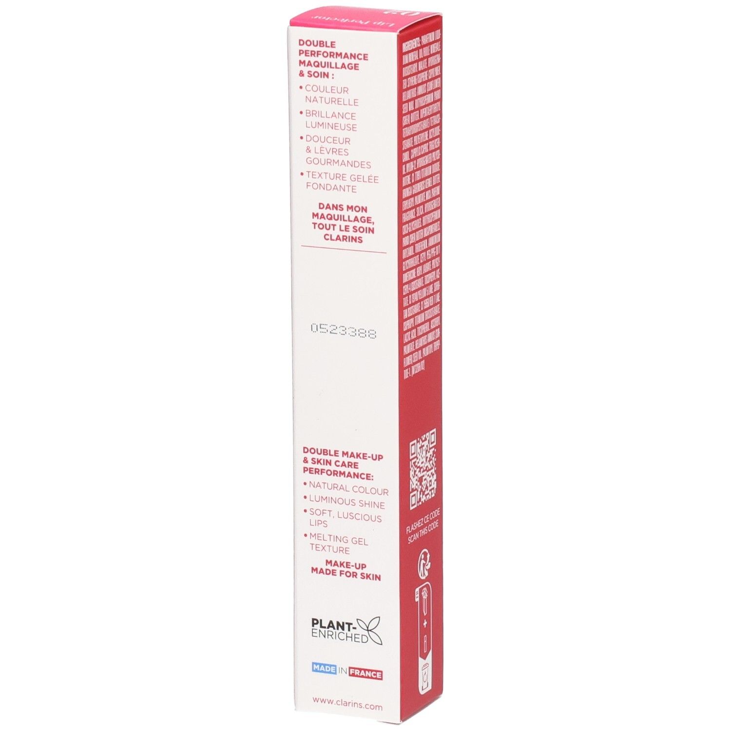 Clarins Lip Perfector 02 Faltschachtel, Seite mit Produktvorteilen und Herkunftsangabe.