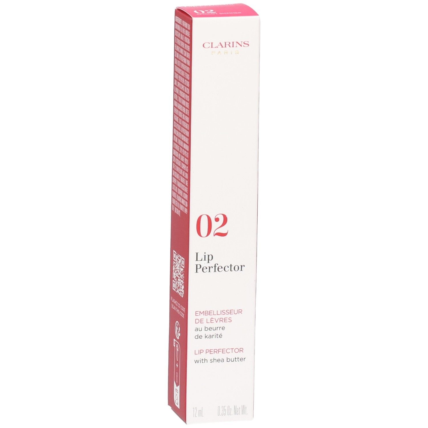Clarins Lip Perfector 02 Faltschachtel, Rückseite mit Inhaltsstoffen und QR-Code.