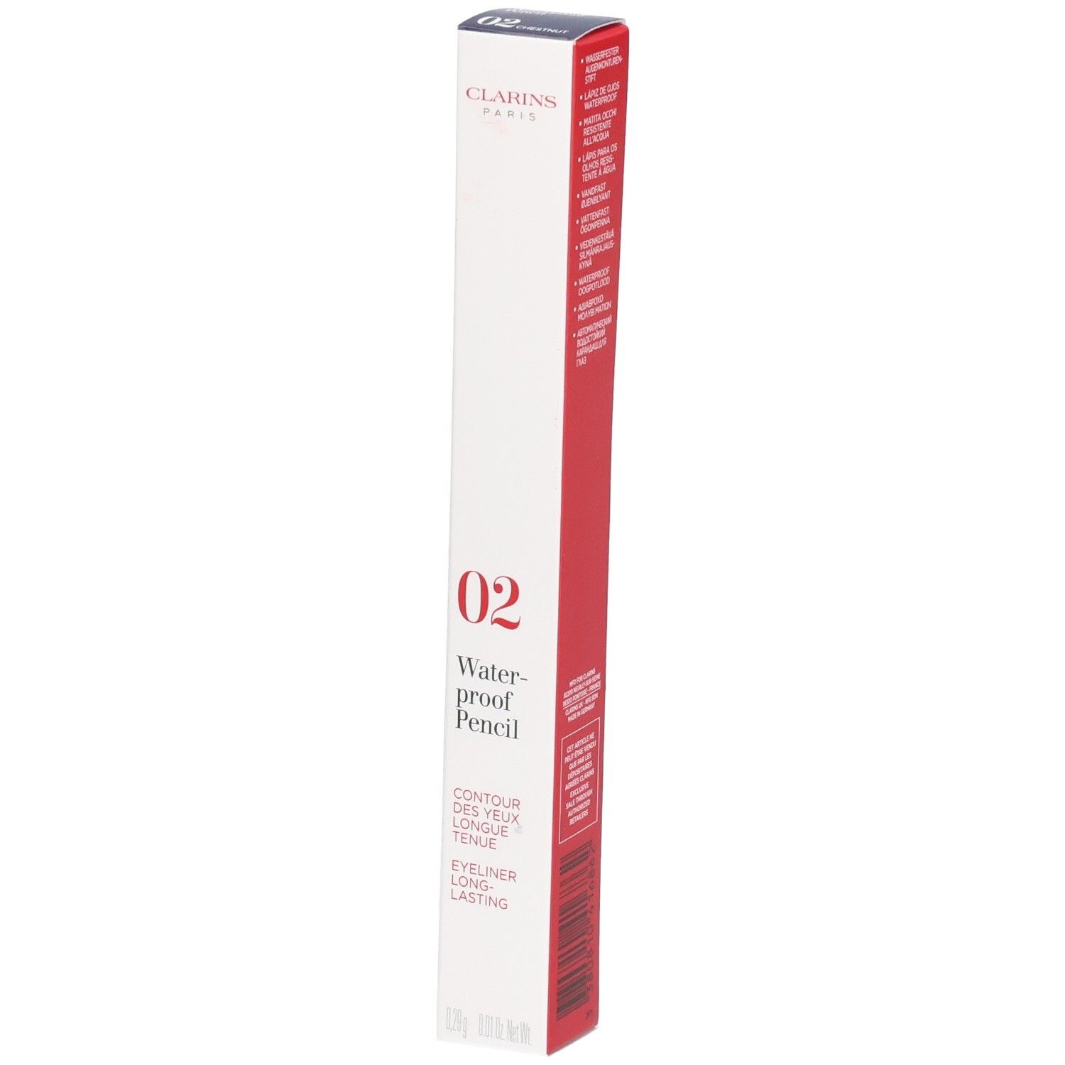 Verpackung Clarins Waterproof Pencil 02 Kastanie, mit Produktinformationen.