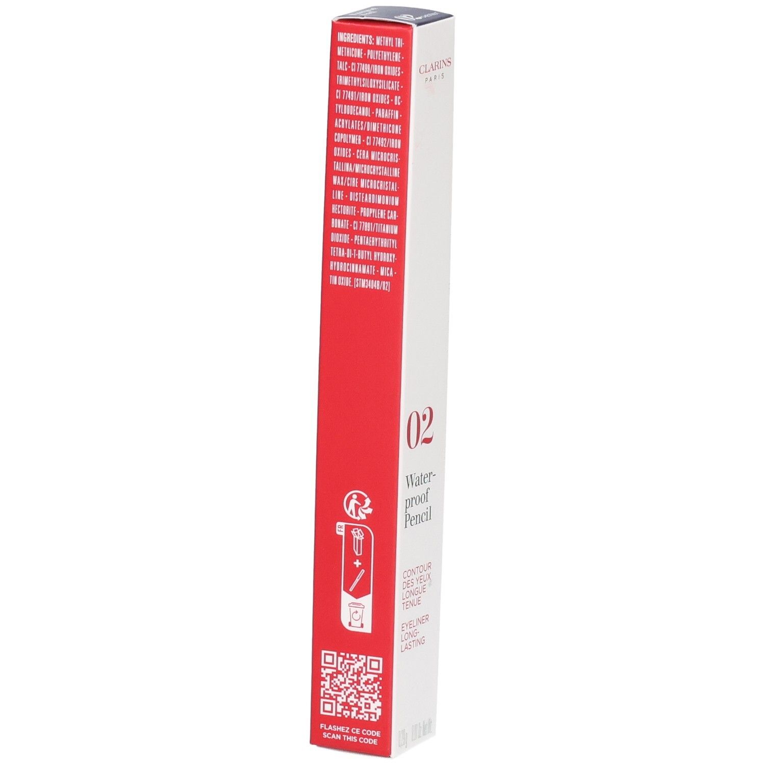 Verpackung Clarins Waterproof Pencil 02 Kastanie, mit Inhaltsstoffen und Anwendungshinweisen.
