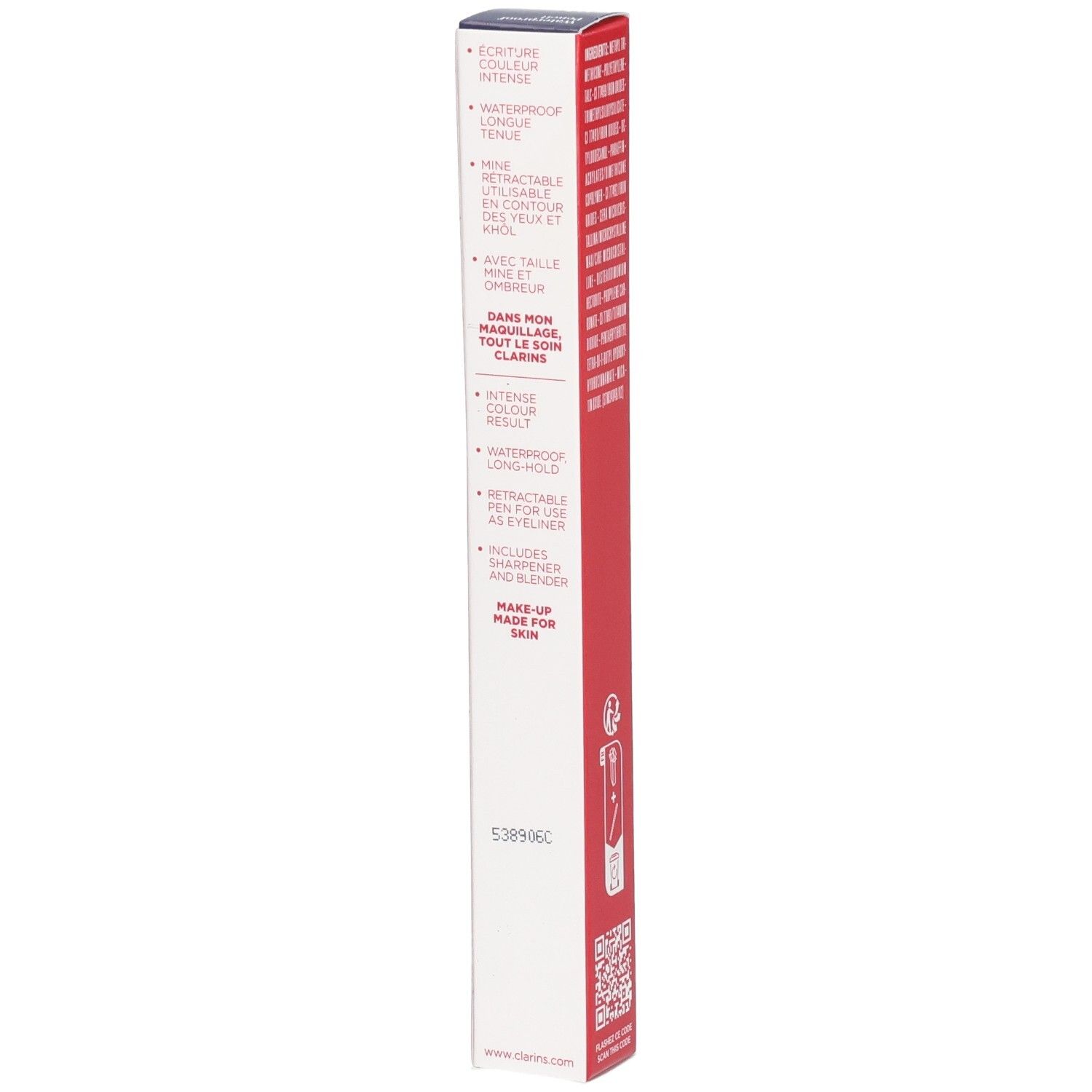 Clarins Waterproof Pencil 02 Kastanie Verpackung, mit Produktmerkmalen und Anwendungshinweisen.