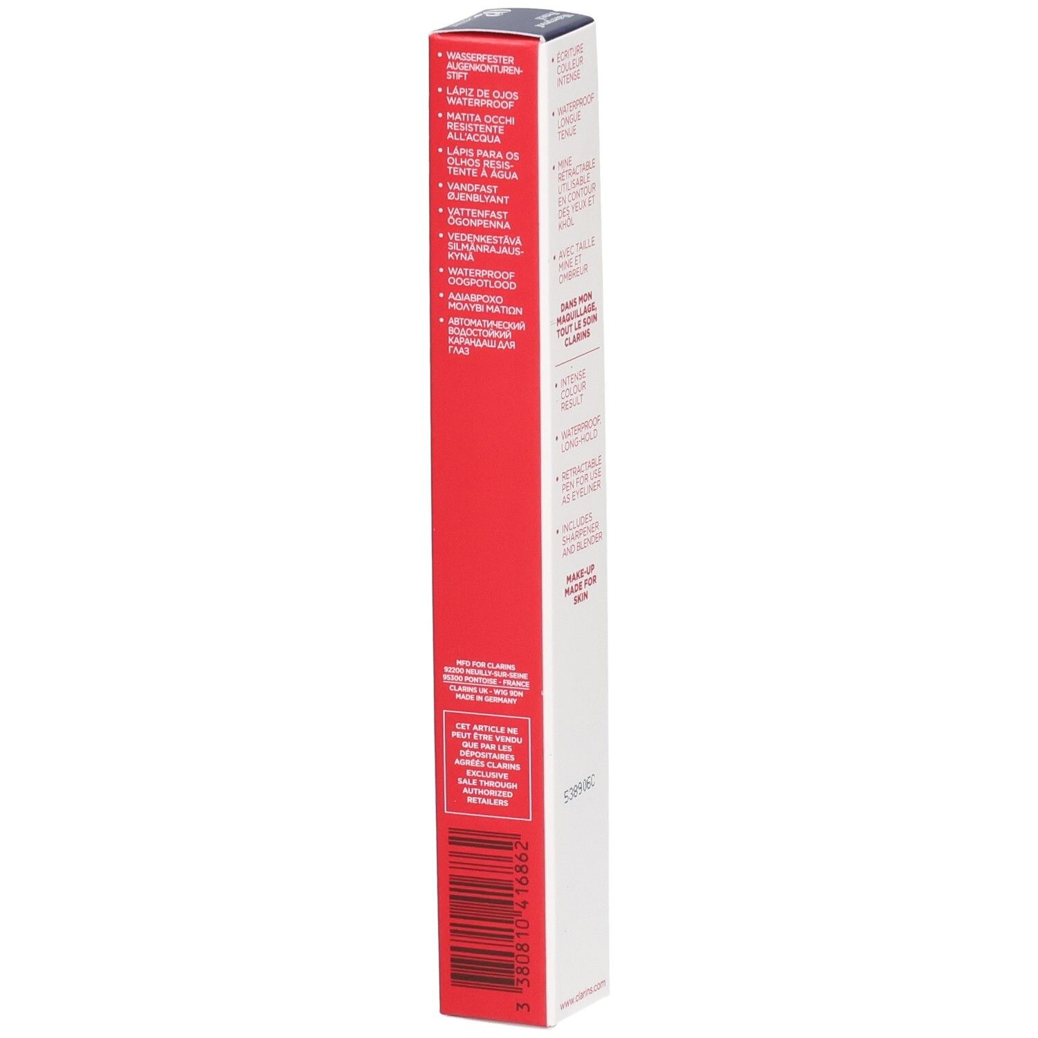 Clarins Waterproof Pencil 02 Kastanie Verpackung, mit mehrsprachigen Produktinformationen.