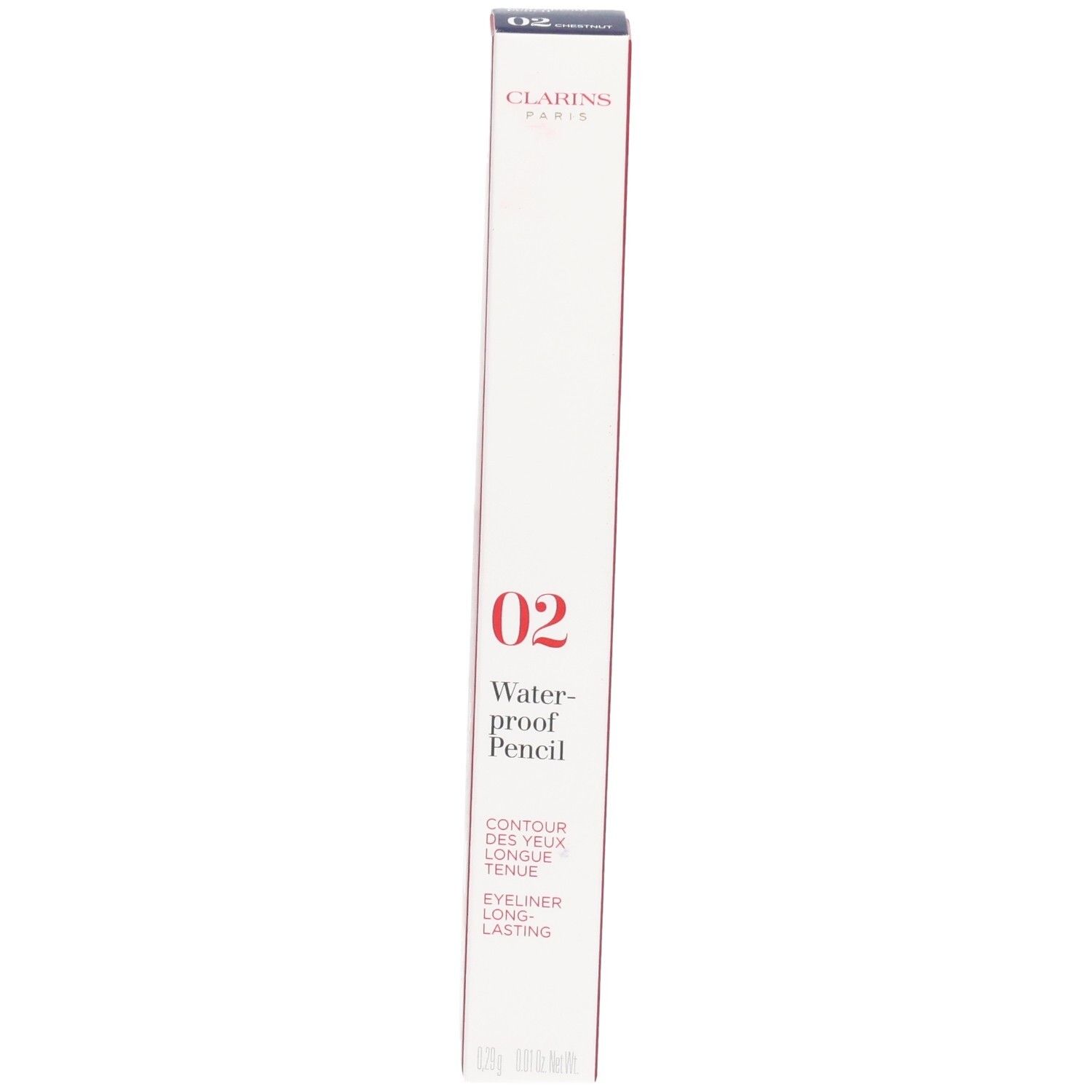 Clarins Waterproof Pencil 02 Kastanie Verpackung, mit Produktmerkmalen und Anwendungshinweisen.