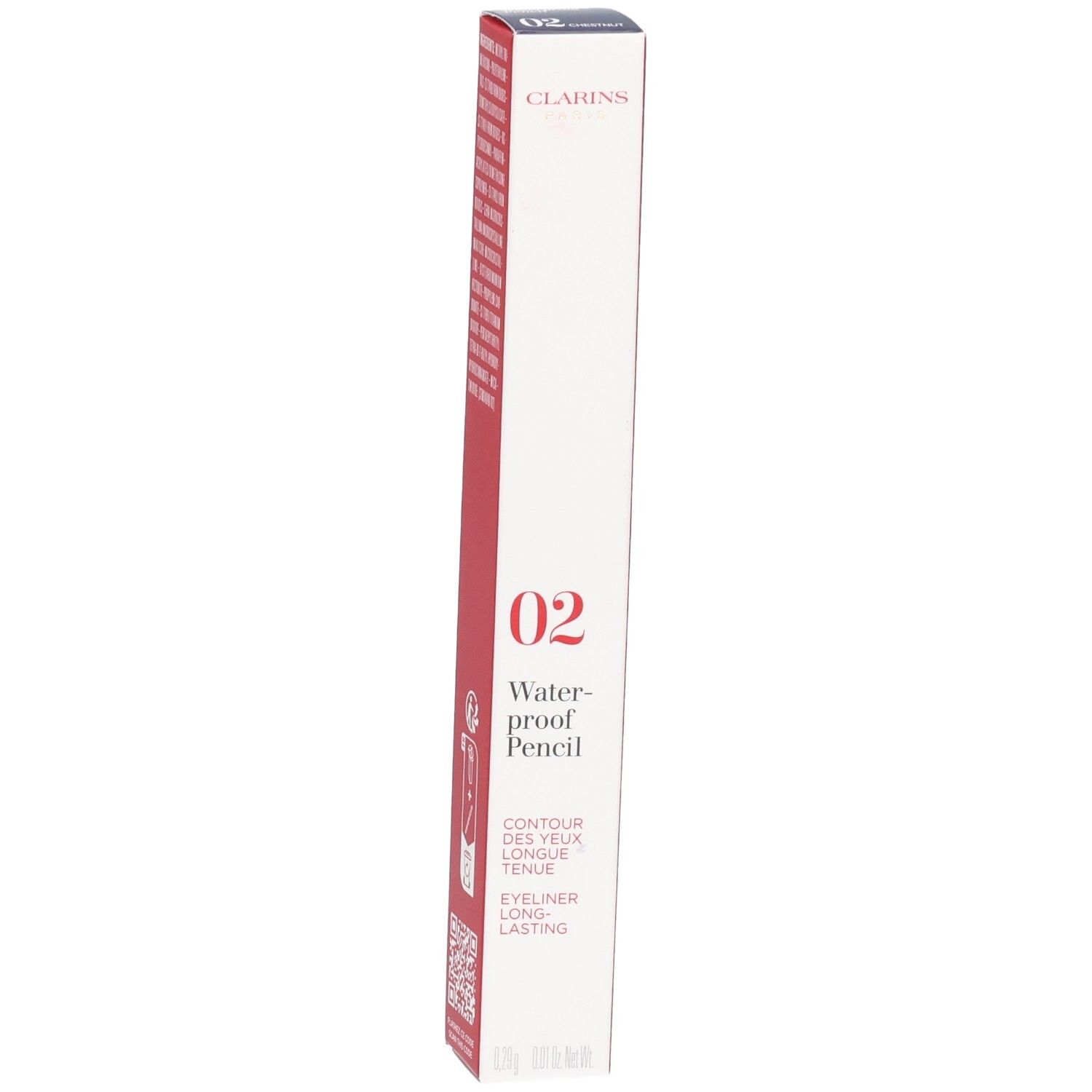 Clarins Waterproof Pencil 02 Kastanie Verpackung, mit Produktmerkmalen und Anwendungshinweisen.