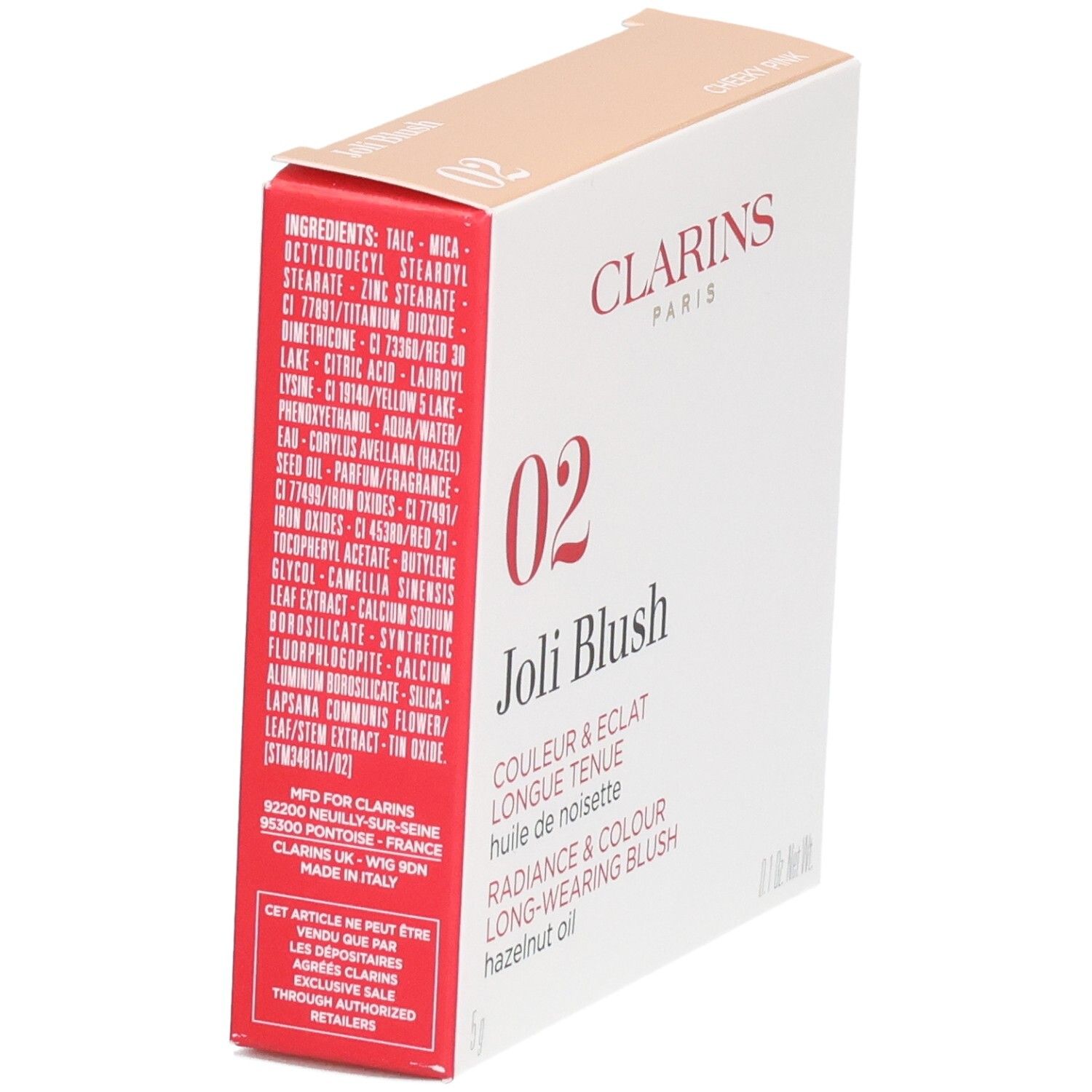 Clarins Joli Blush, Rückseite mit Inhaltsstoffen und Hinweisen, Made in Italy.
