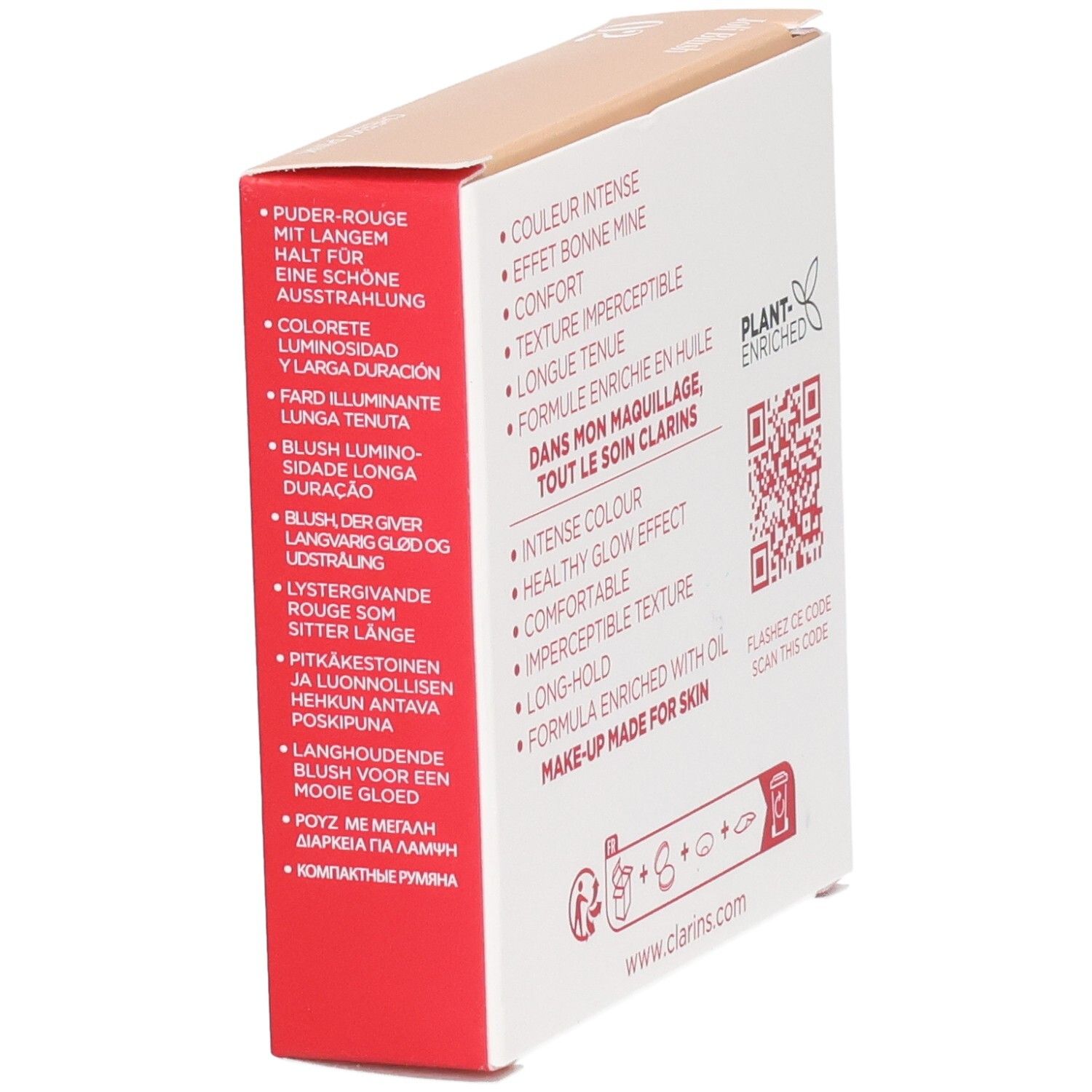 Clarins Joli Blush, Seite mit Produktvorteilen in mehreren Sprachen und QR-Code.