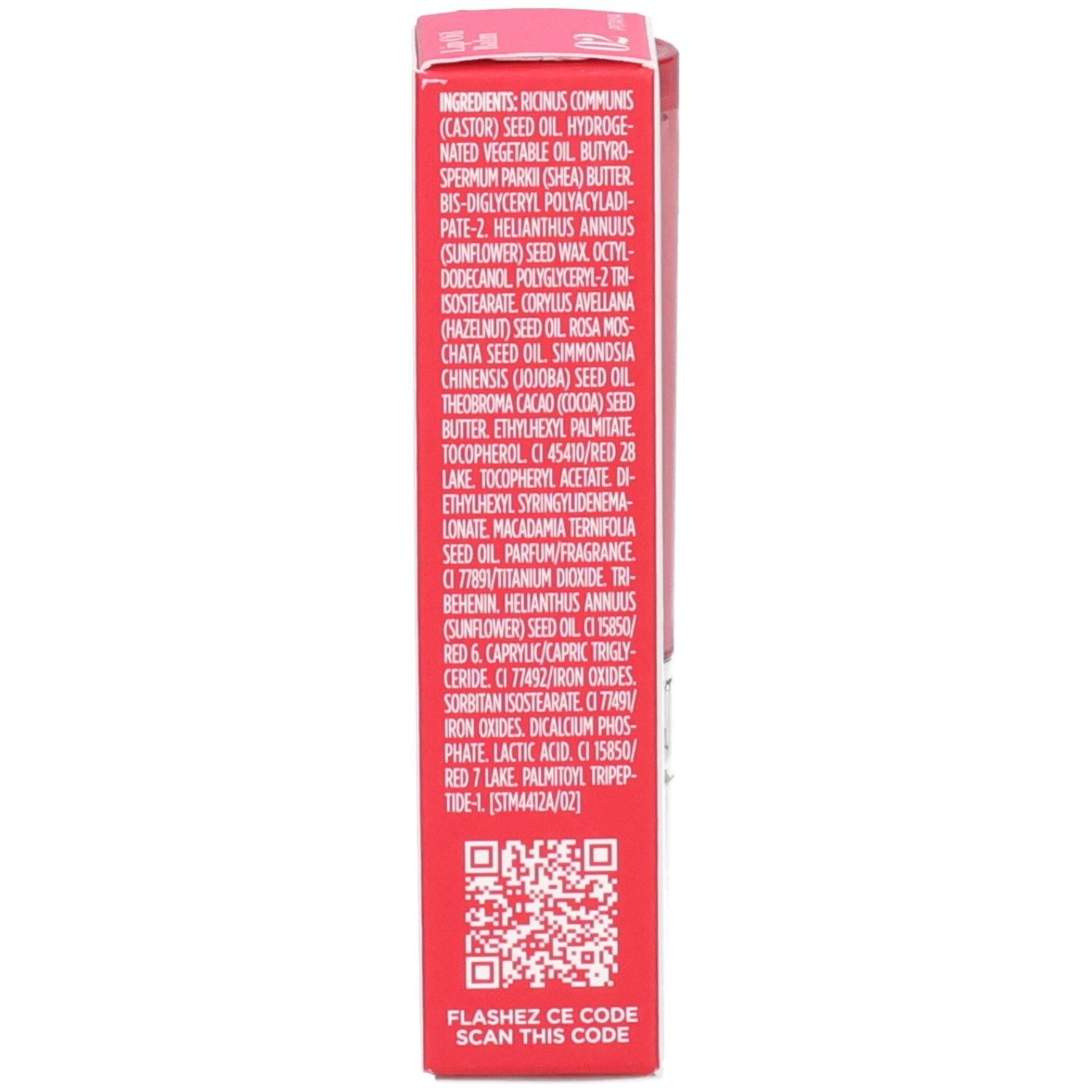 Clarins Lip Oil Balm 02, Rückseite der Verpackung mit Inhaltsstoffen.
