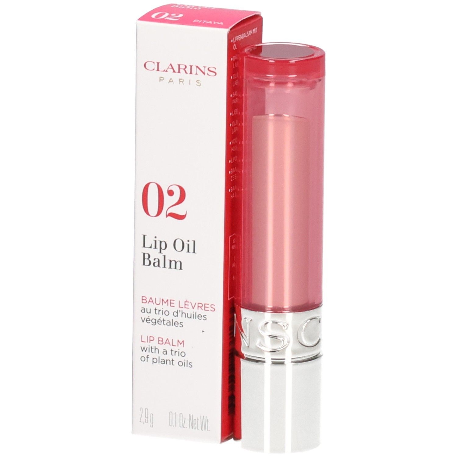 Clarins Lip Oil Balm 02 in rosa Verpackung, aufrecht stehend.