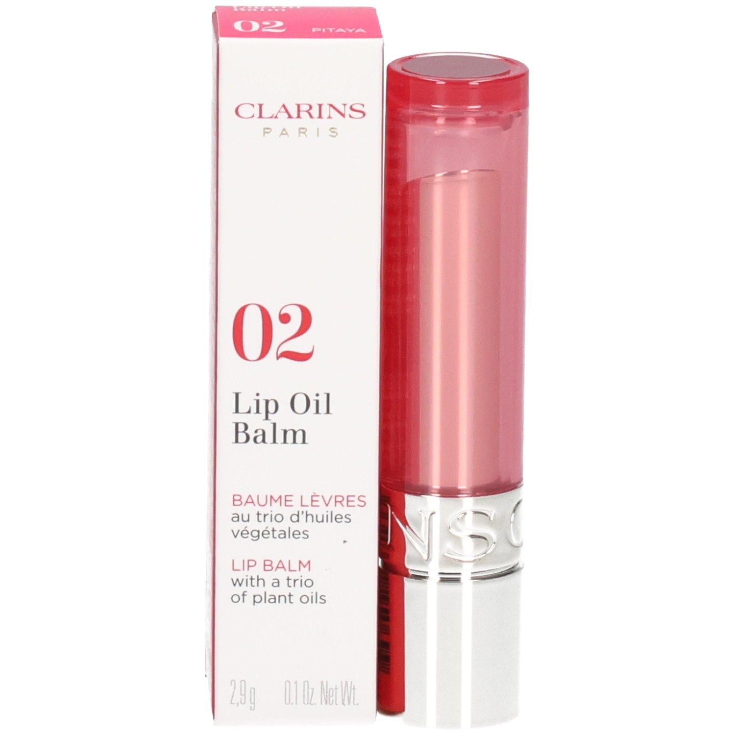 Clarins Lip Oil Balm 02 in rosa Verpackung, aufrecht stehend.