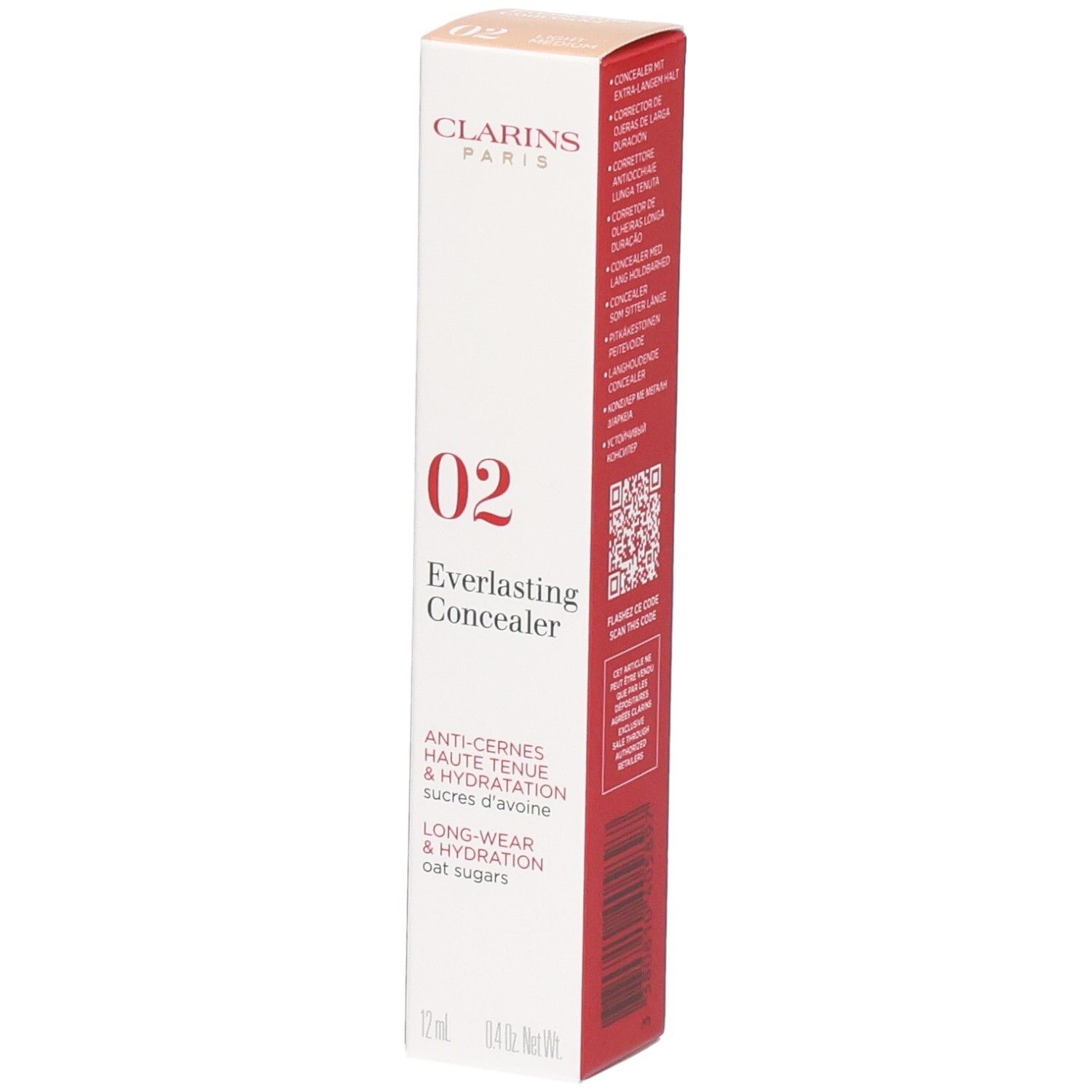 Clarins Everlasting Concealer 02 Kartonverpackung, Vorderseite mit Produktinformationen und Farbnummer 02.
