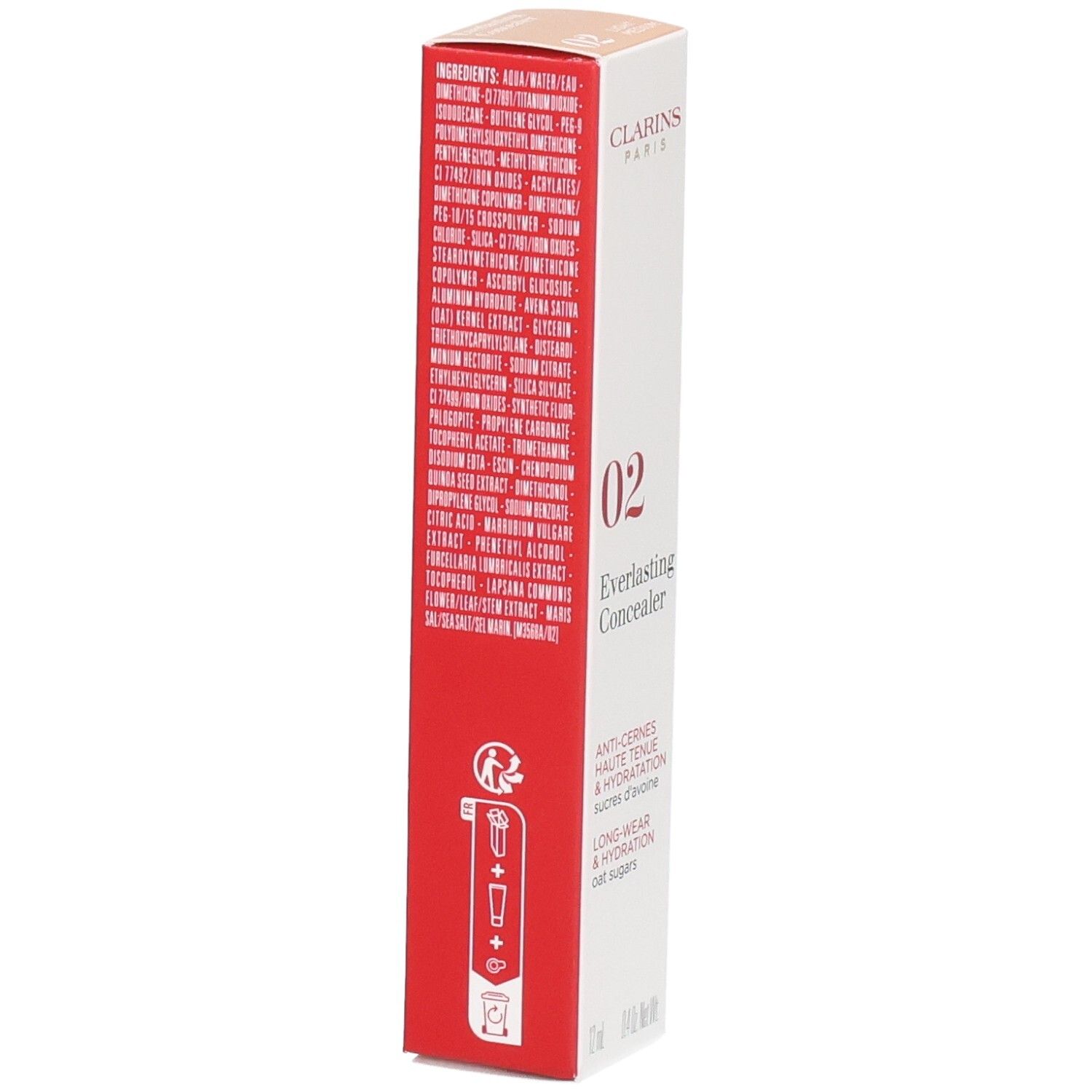 Clarins Everlasting Concealer 02 Kartonverpackung, Seite mit detaillierten Inhaltsstoffen und Anwendungshinweisen.