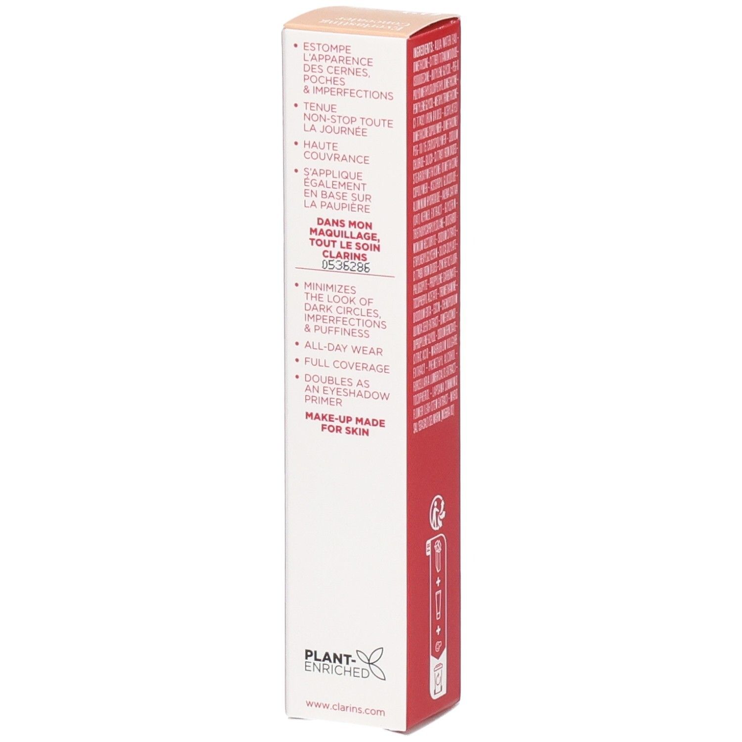 Clarins Everlasting Concealer 02 Kartonverpackung, Seite mit Produktvorteilen und Anwendungshinweisen auf Französisch.