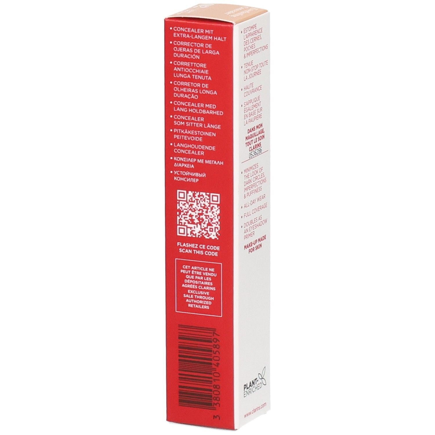 Clarins Everlasting Concealer 02 Kartonverpackung, Seite mit Produktbeschreibung in mehreren Sprachen und QR-Code.