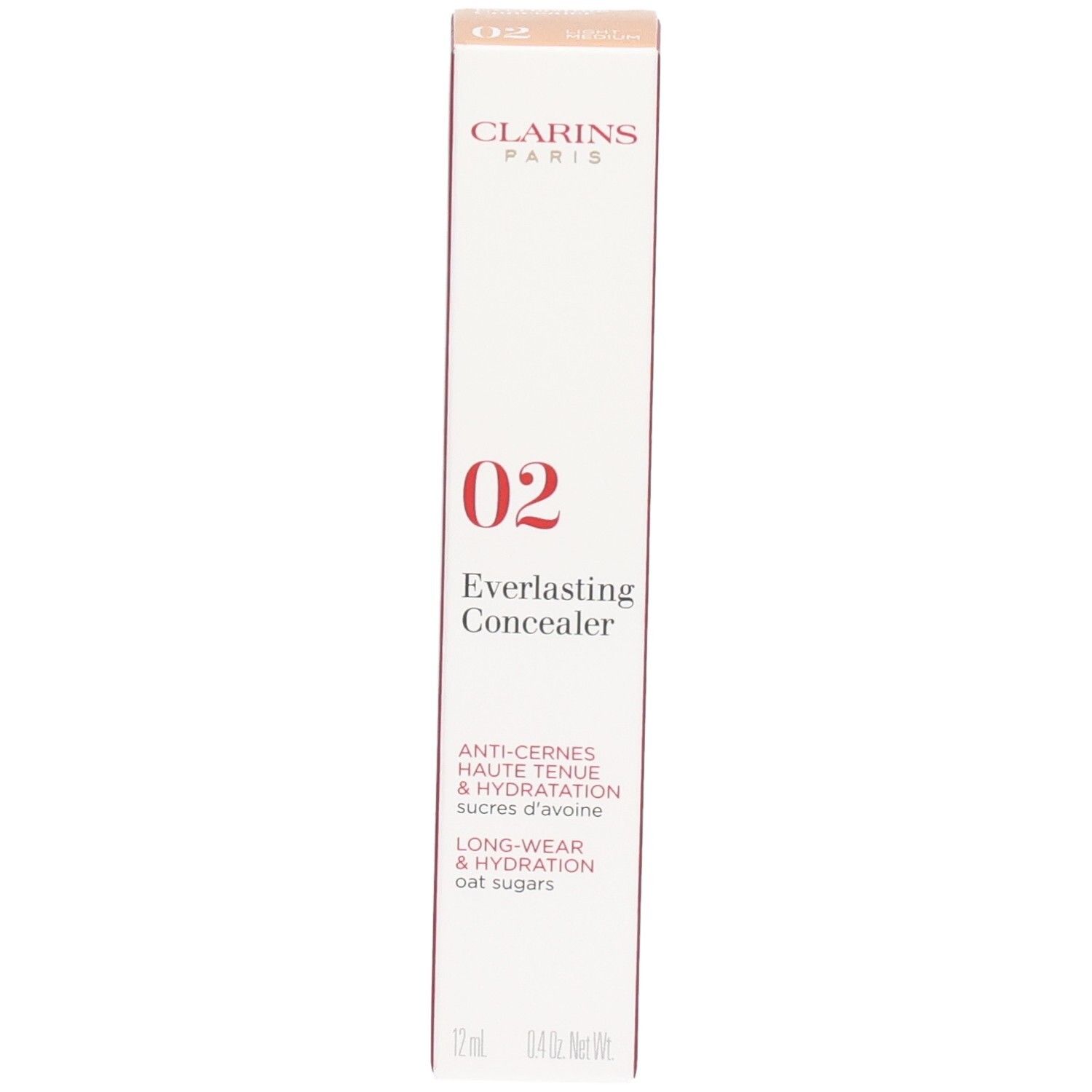 Clarins Everlasting Concealer 02 Kartonverpackung, Seite mit Produktbeschreibung in mehreren Sprachen und Barcode.