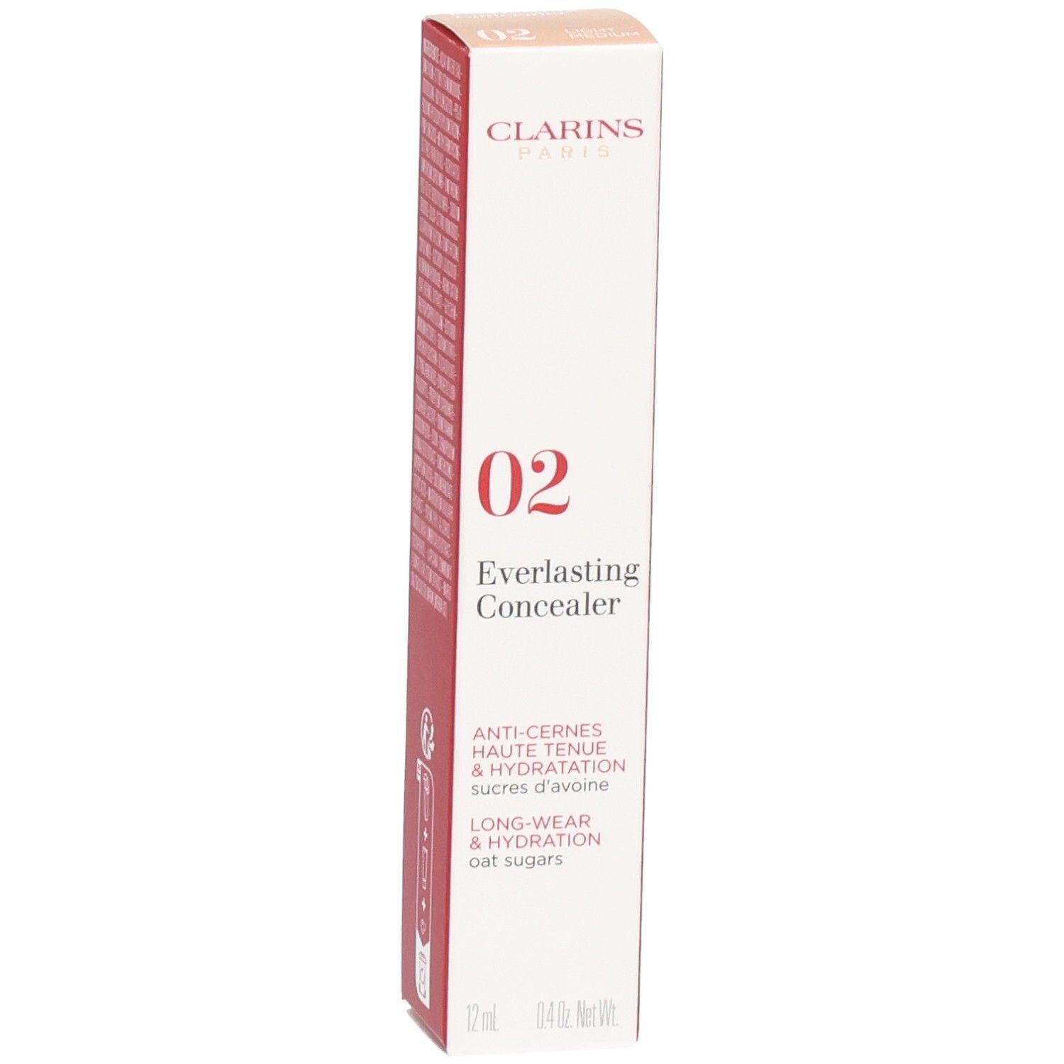 Clarins Everlasting Concealer 02 Kartonverpackung, Vorderseite mit Produktinformationen, Farbnummer 02 und Text.