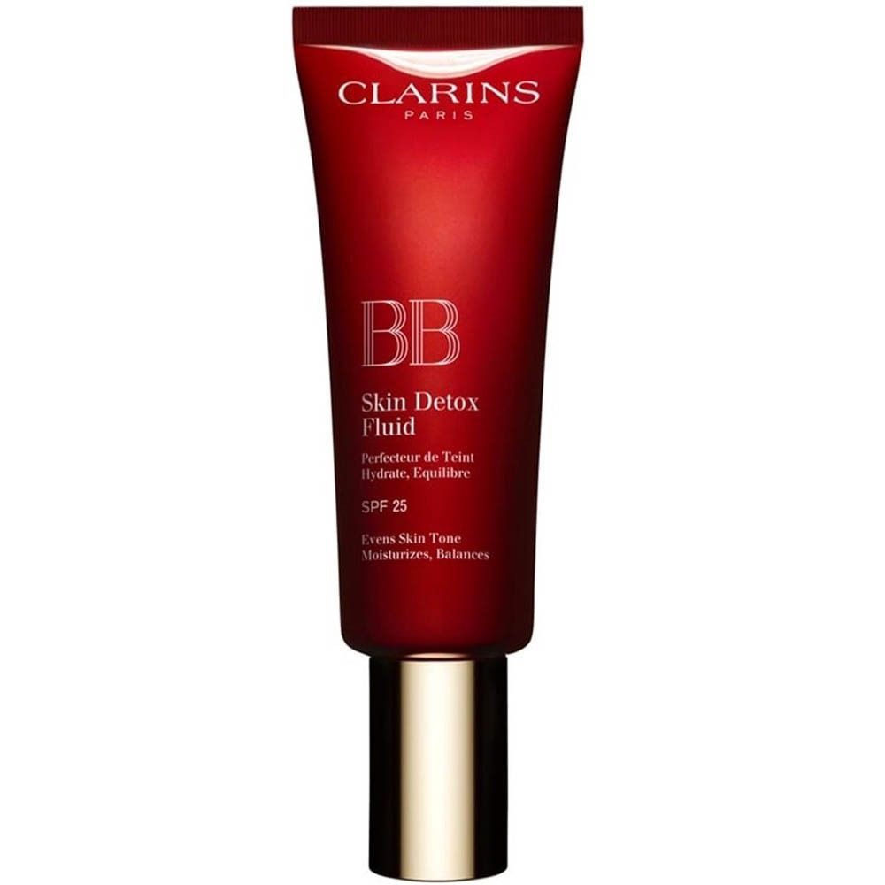 Clarins BB Skin Detox Fluid in roter Tube mit goldenem Verschluss. Enthält SPF 25.