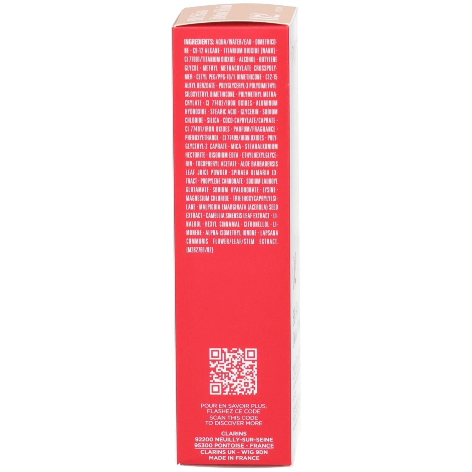Rote Verpackung mit Inhaltsstoffliste und QR-Code. Hergestellt in Frankreich.